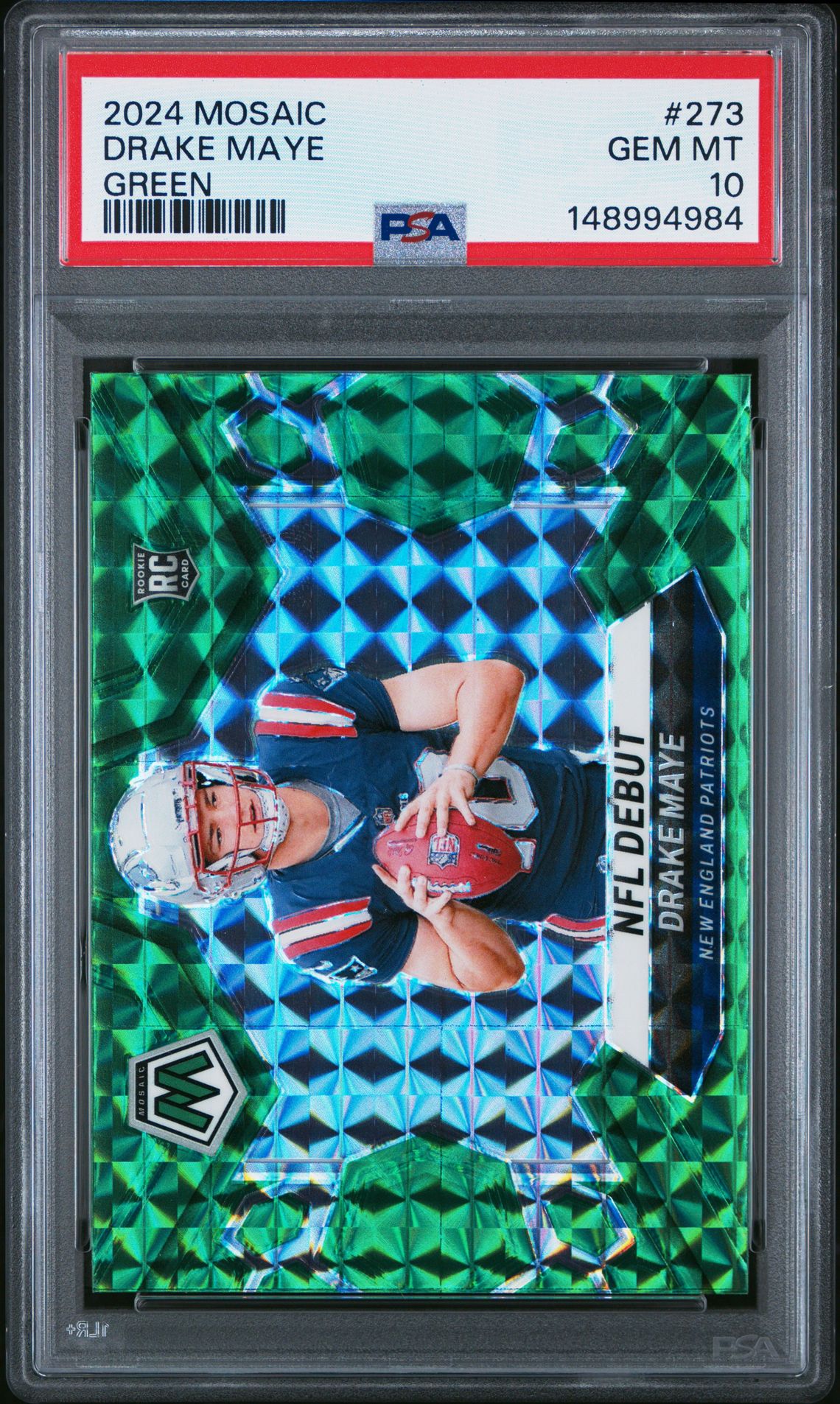 2024 Panini Mosaic Drake Maye #273 (Green) Gem Mt 10 front view - PSA graded GEM MT 10