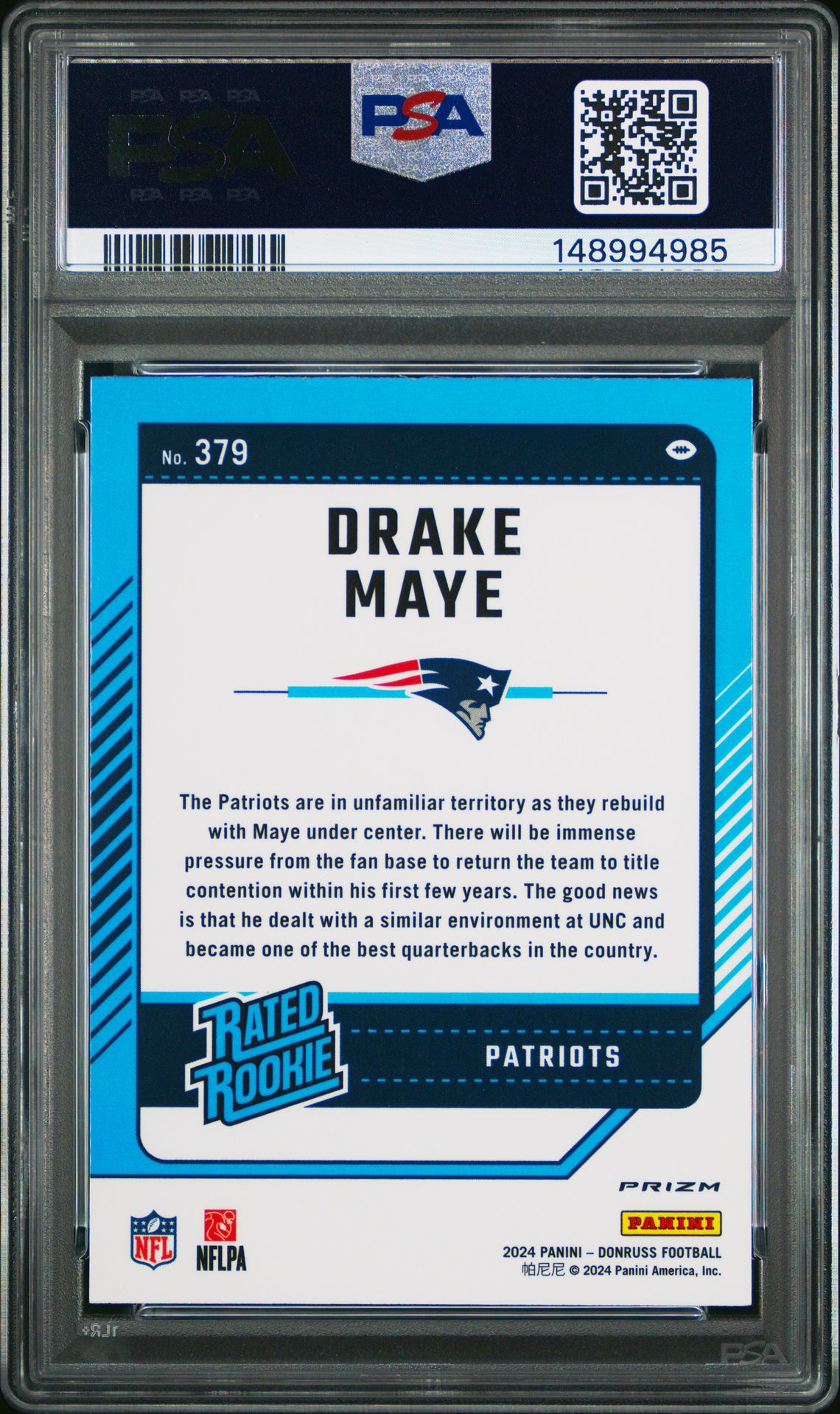 2024 Panini Donruss Drake Maye #379 (Optic Preview-Red Wave) Gem Mt 10 back view - PSA certificate #148994985