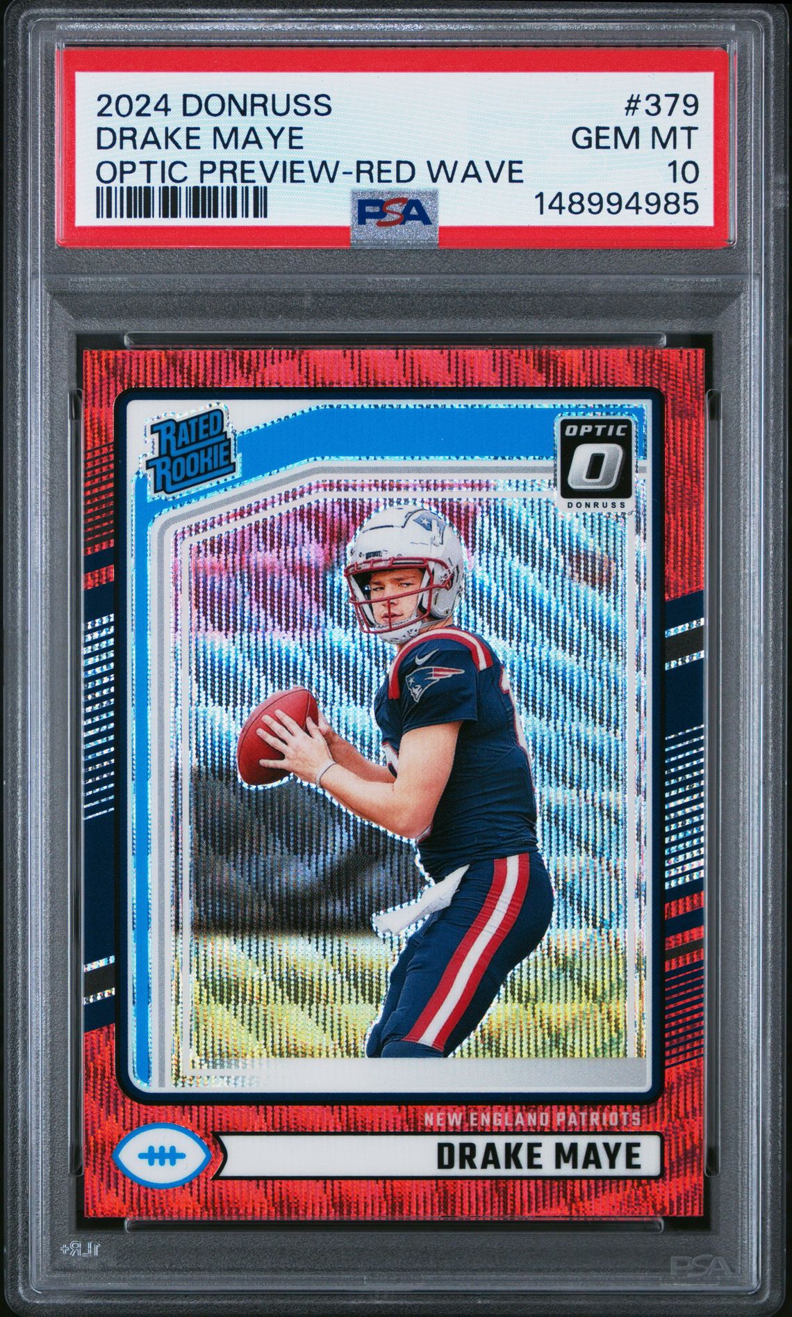2024 Panini Donruss Drake Maye #379 (Optic Preview-Red Wave) Gem Mt 10 front view - PSA graded GEM MT 10