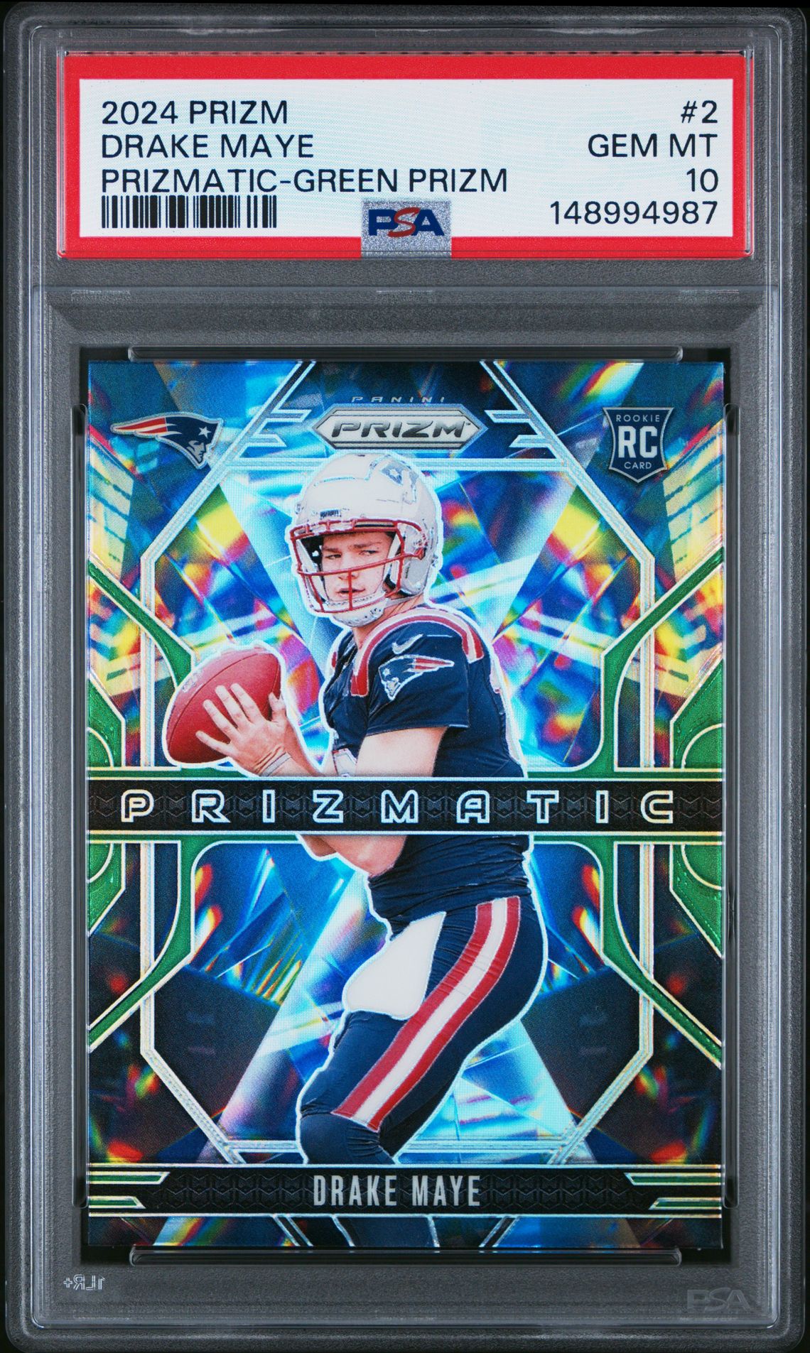 2024 Panini Prizm Prizmatic Drake Maye #2 (Prizmatic-Green Prizm) Gem Mt 10 front view - PSA graded GEM MT 10