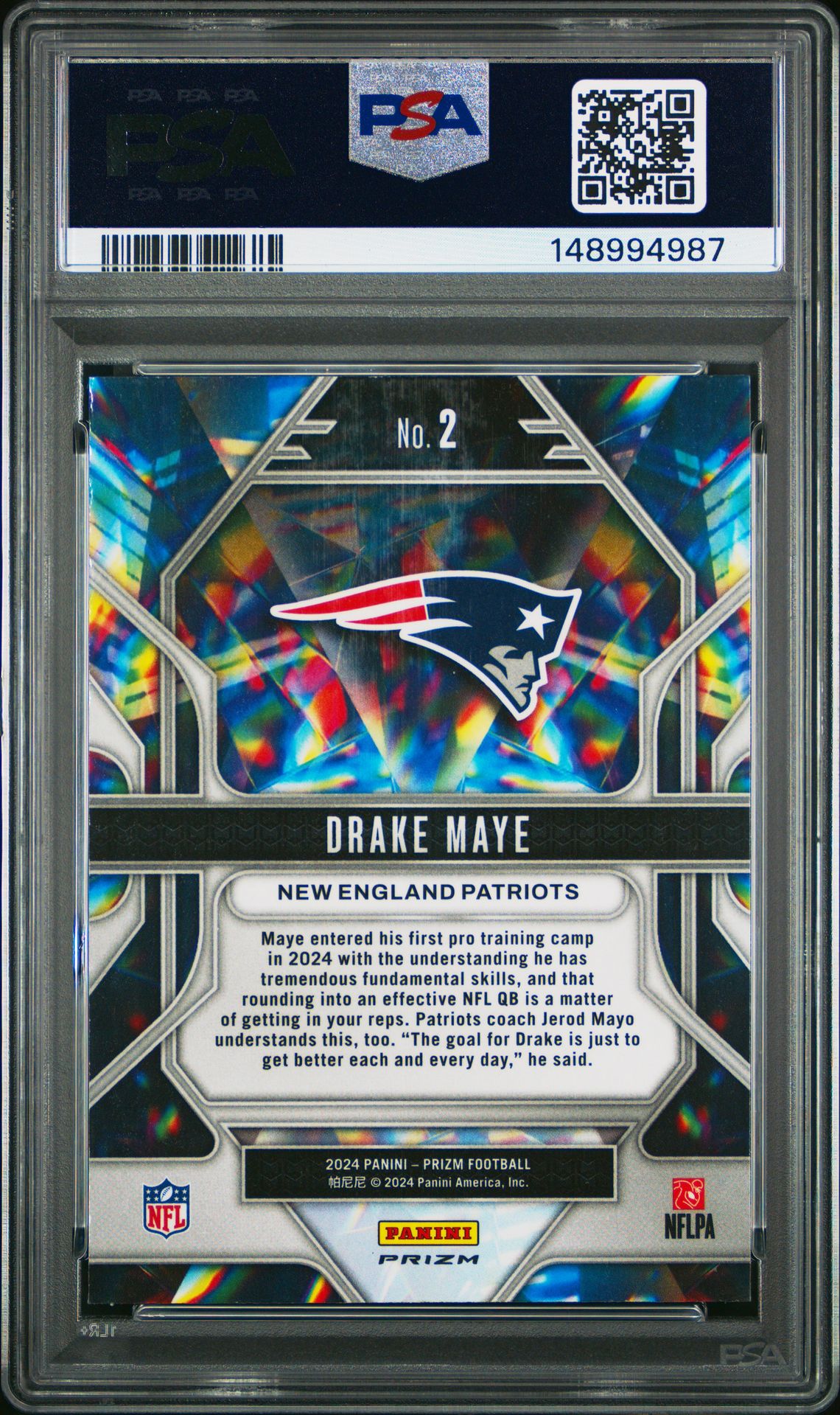 2024 Panini Prizm Prizmatic Drake Maye #2 (Prizmatic-Green Prizm) Gem Mt 10 back view - PSA certificate #148994987