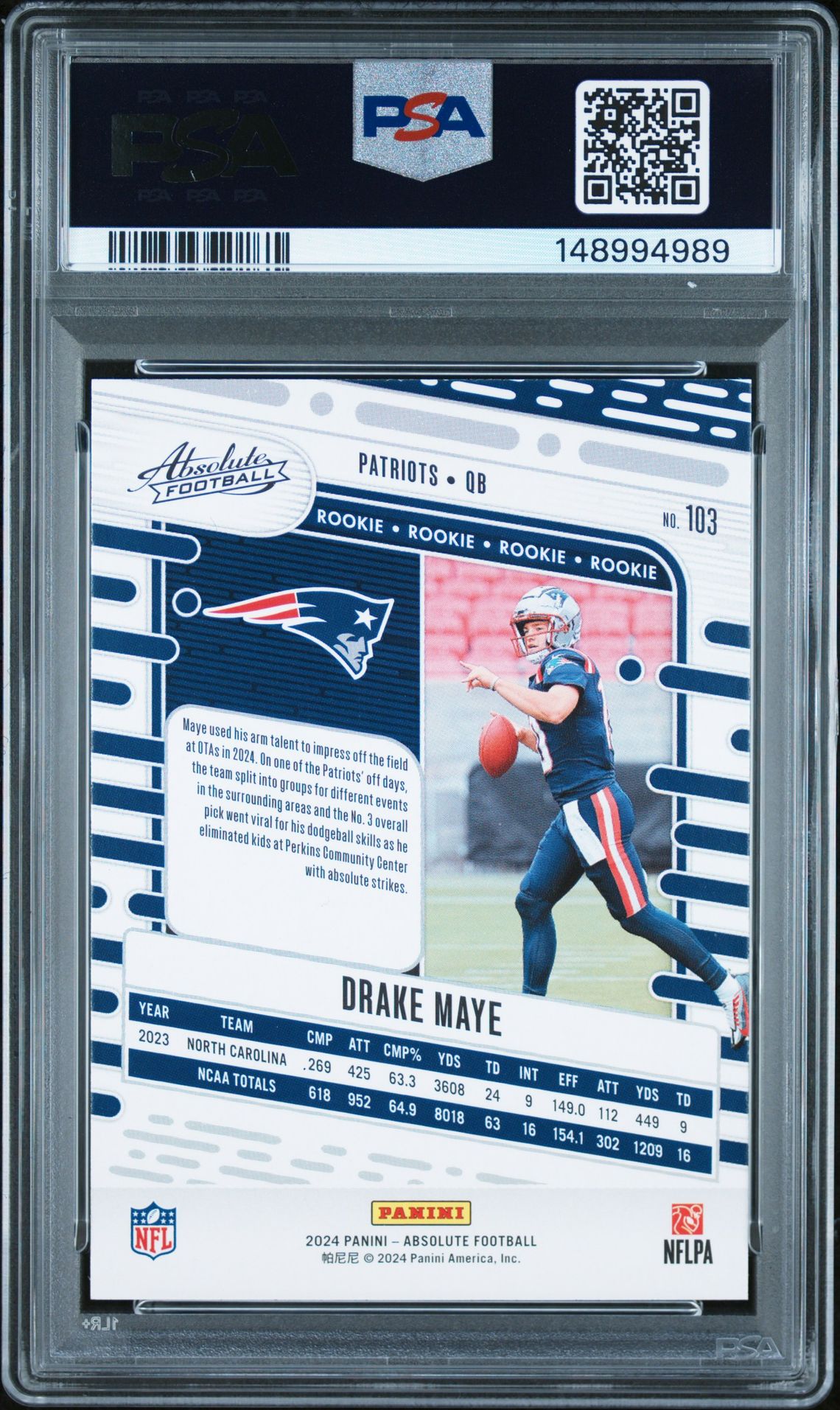 2024 Panini Absolute Drake Maye #103 (Red And Blue) Mint 9 back