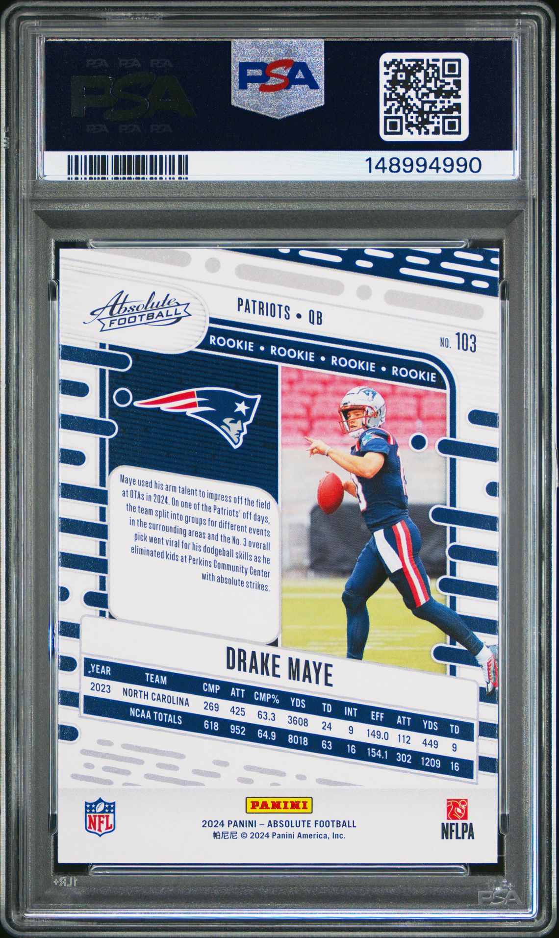 2024 Panini Absolute Drake Maye #103 (Red And Blue) Mint 9 back