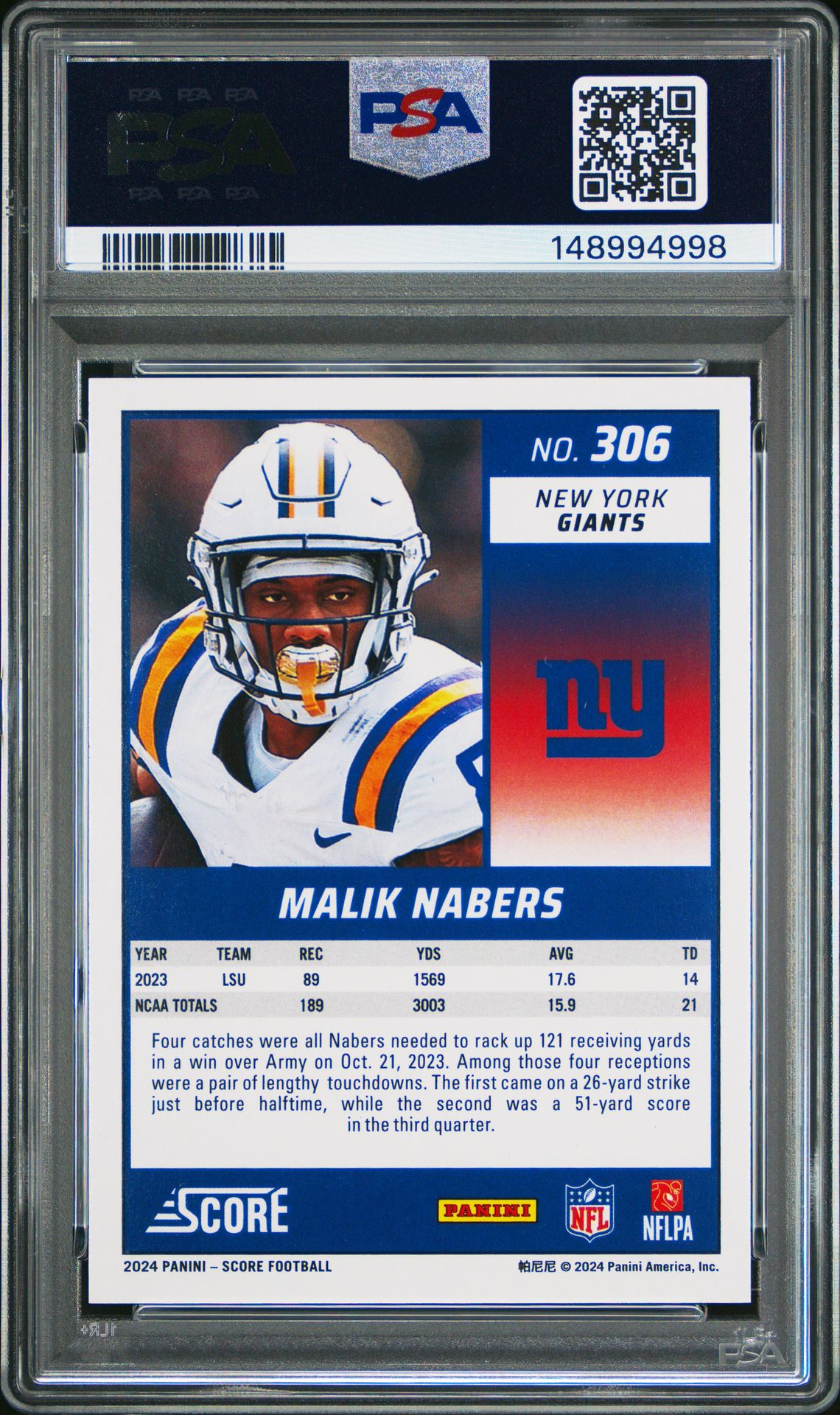 2024 Panini Score Malik Nabers #306 Gem Mt 10 back view - PSA certificate #148994998