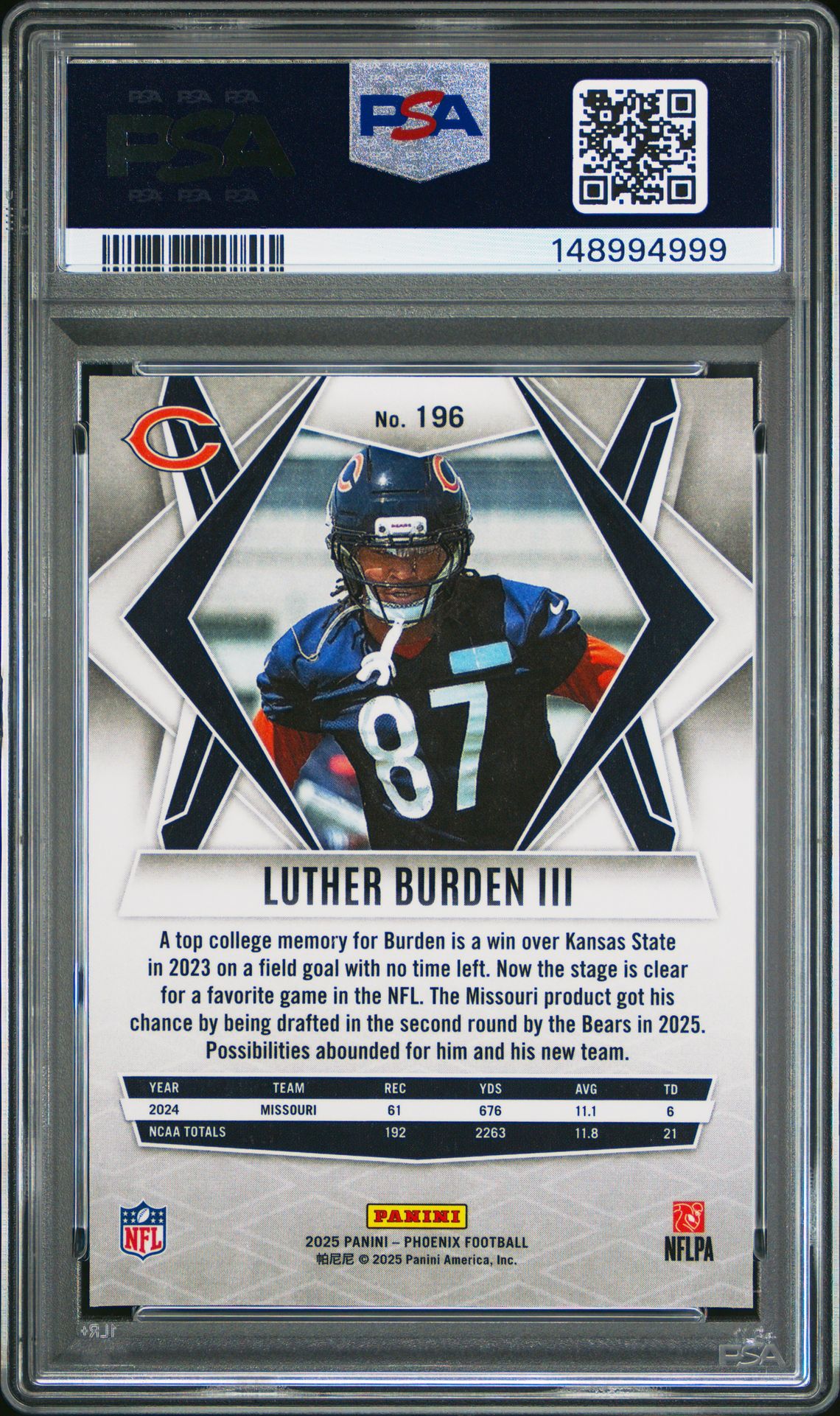 2025 Panini Phoenix Luther Burden Iii #196 (Silver Pyramids) Gem Mt 10 back view - PSA certificate #148994999