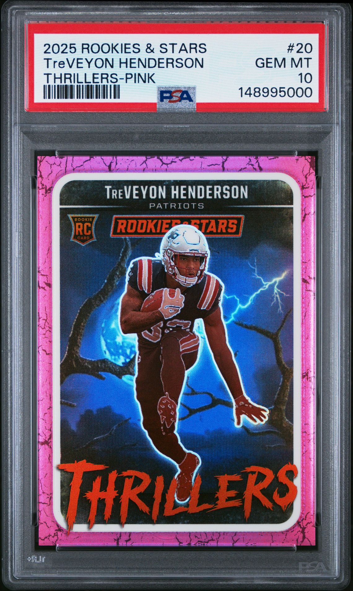 2025 Panini Rookies & Stars Thrillers Treveyon Henderson #20 (Thrillers-Pink) Gem Mt 10 front view - PSA graded GEM MT 10