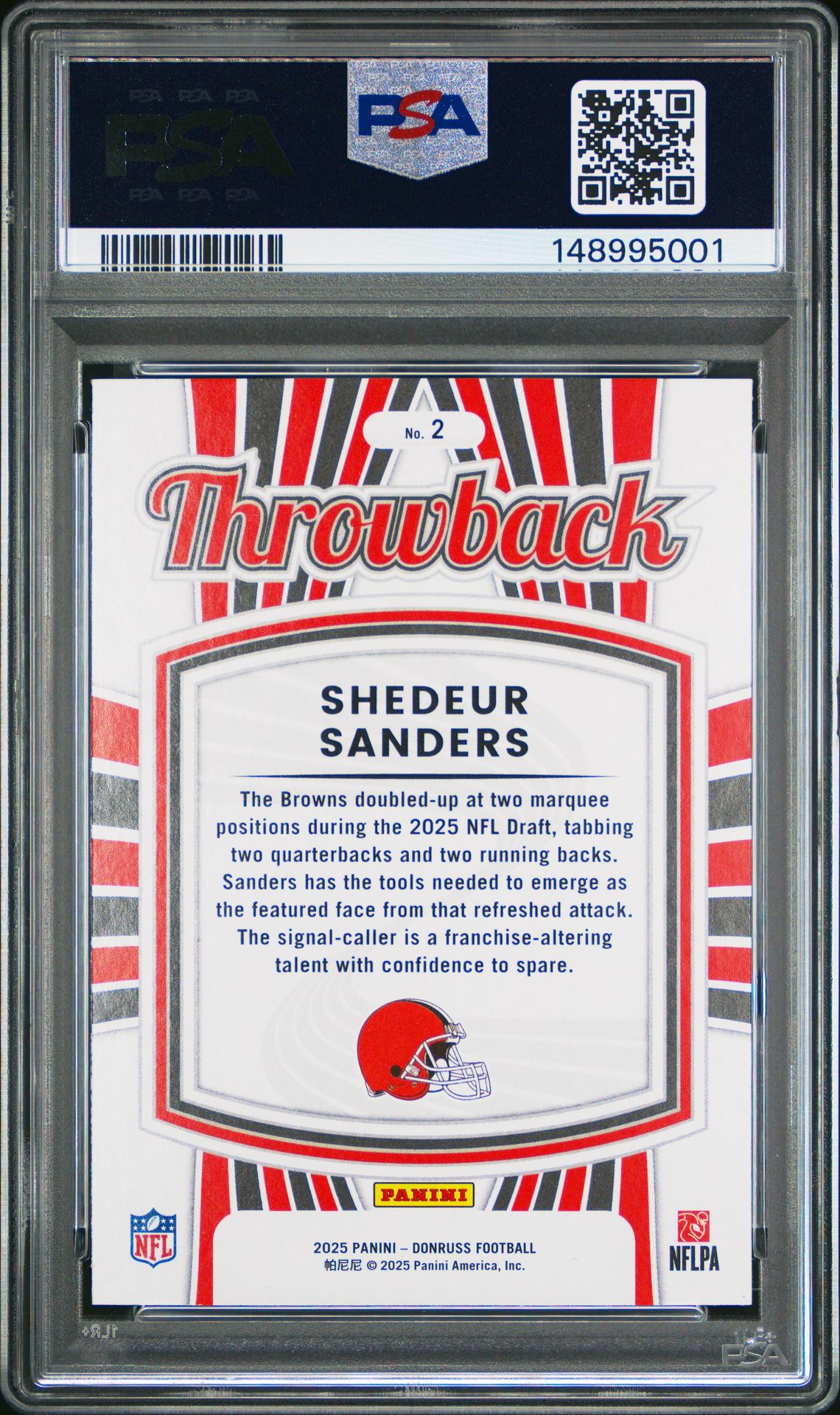 2025 Panini Donruss Rated Rookies Throwback Shedeur Sanders #2 Gem Mt 10 back