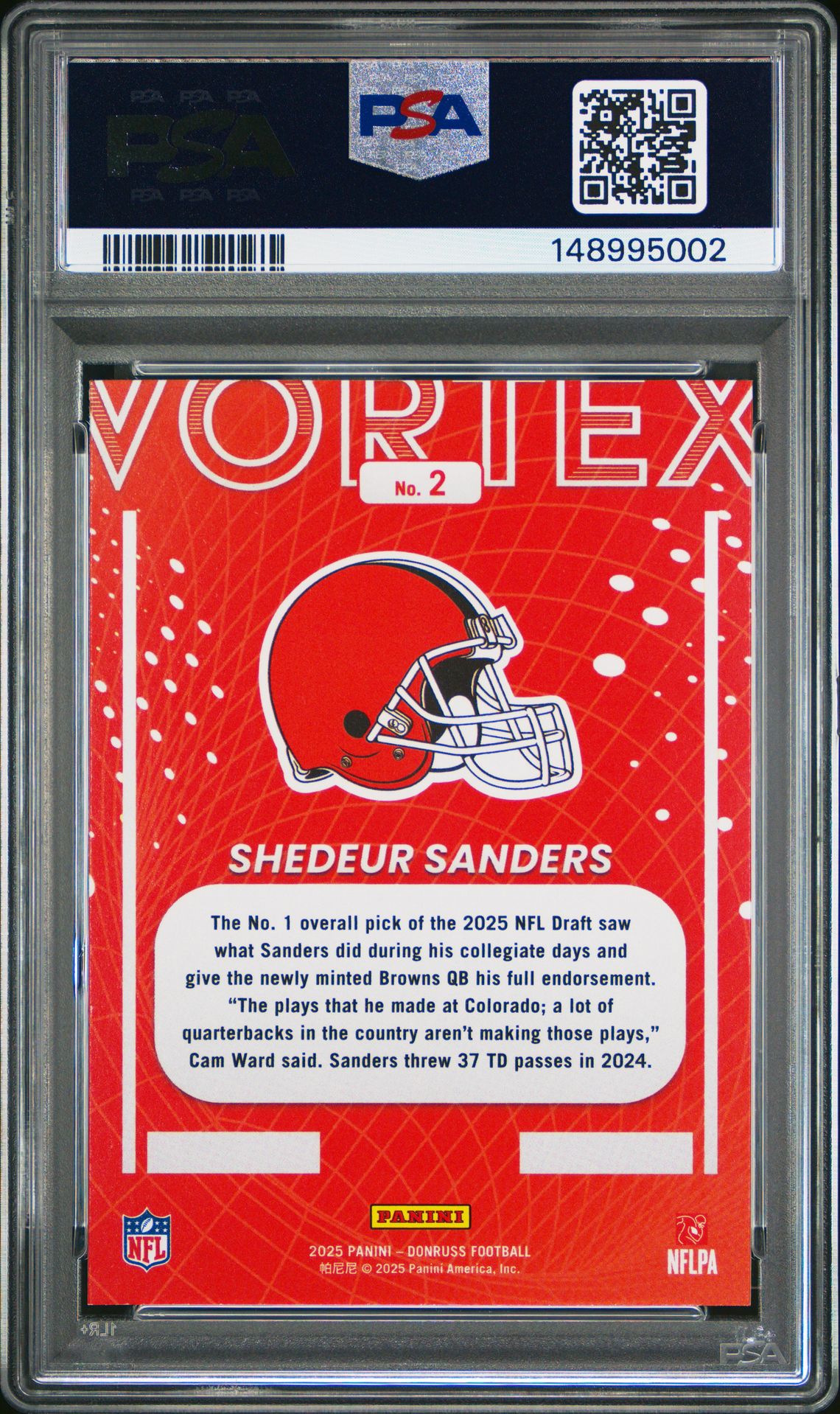 2025 Panini Donruss Vortex Shedeur Sanders #2 Gem Mt 10 back view - PSA certificate #148995002