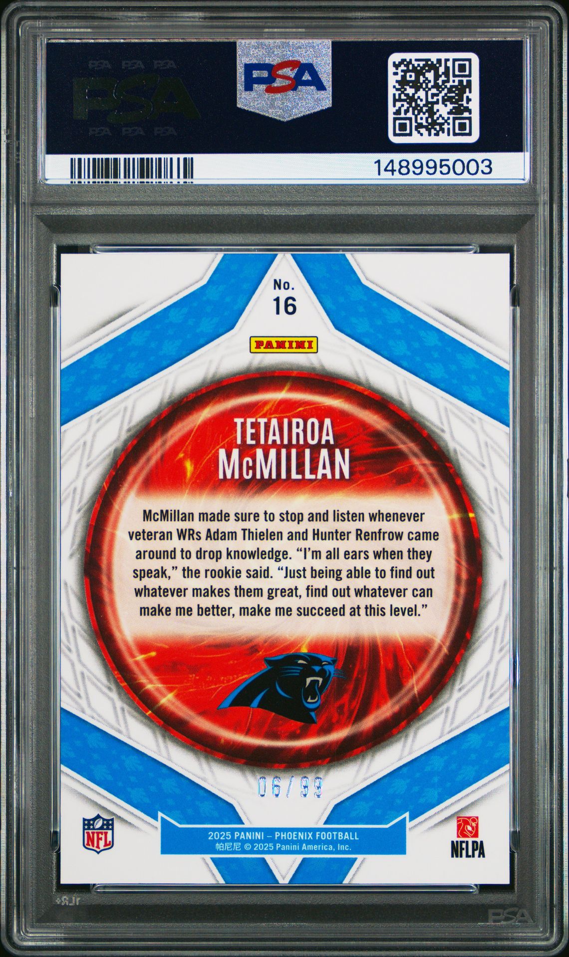 2025 Panini Phoenix Paragon Tetairoa Mcmillan #16 (Paragon-Yellow Lava) Gem Mt 10 back