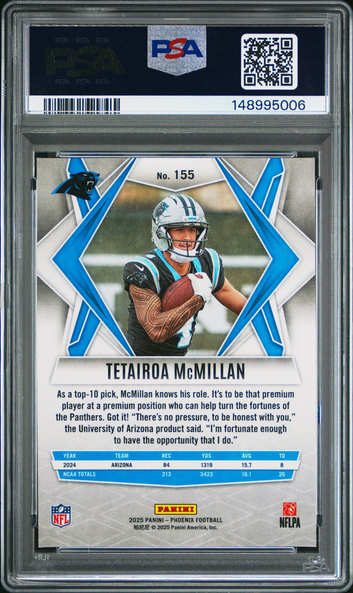 2025 Panini Phoenix Tetairoa Mcmillan #155 (Silver Pyramids) Gem Mt 10 back view - PSA certificate #148995006
