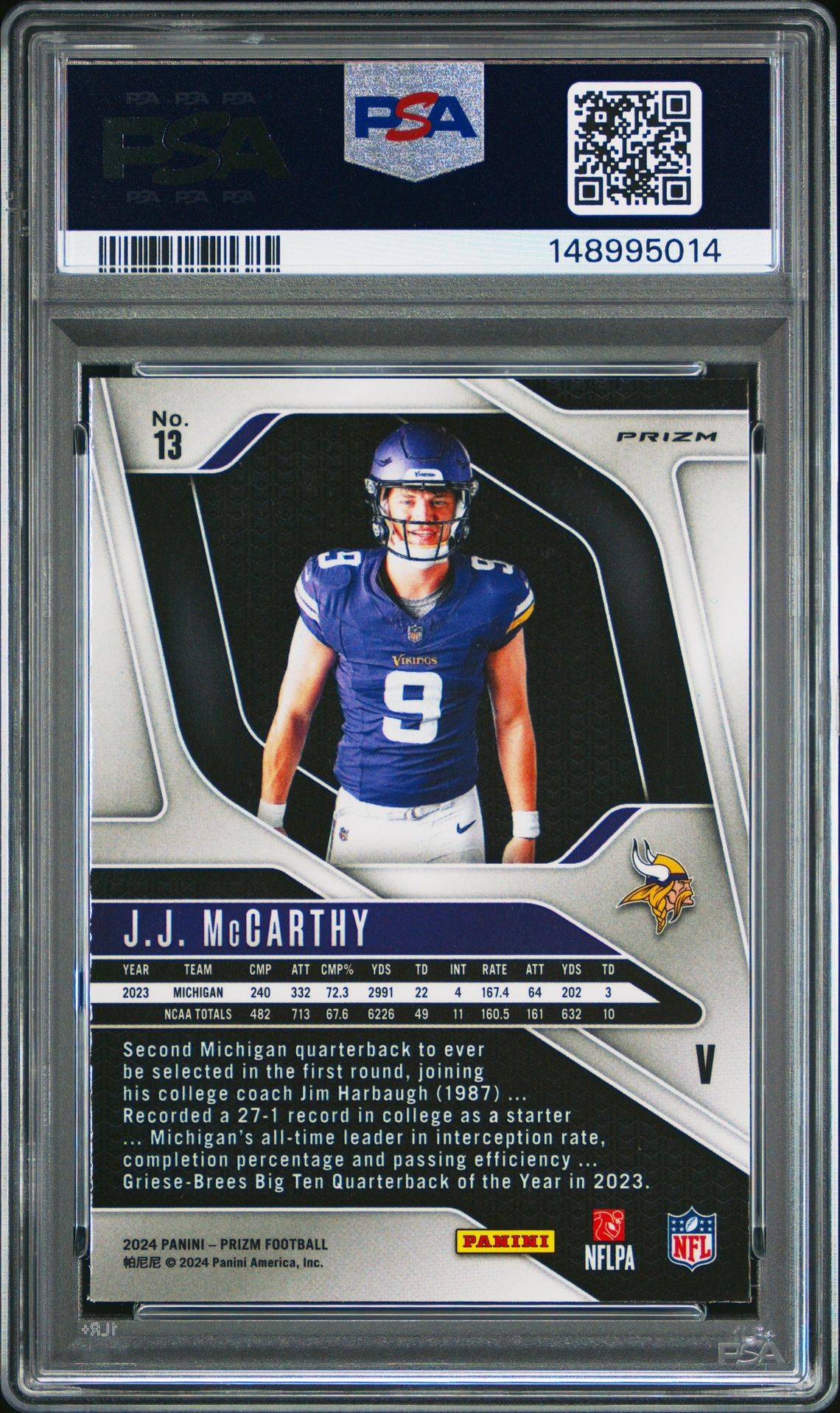 2024 Panini Prizm Rookie Variation Jj Mccarthy #13 Gem Mt 10 back
