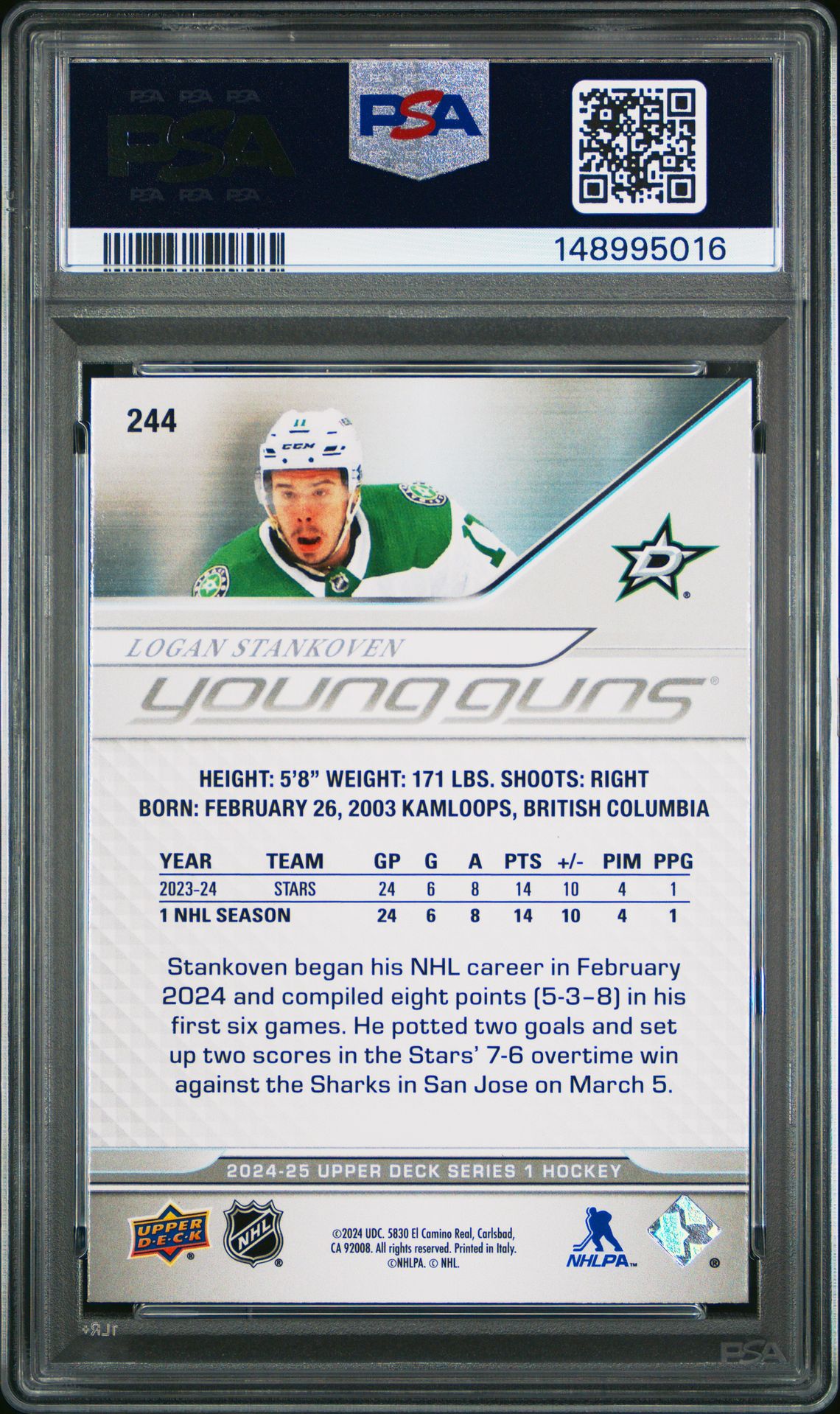 2024 Upper Deck Logan Stankoven #244 Mint 9 back