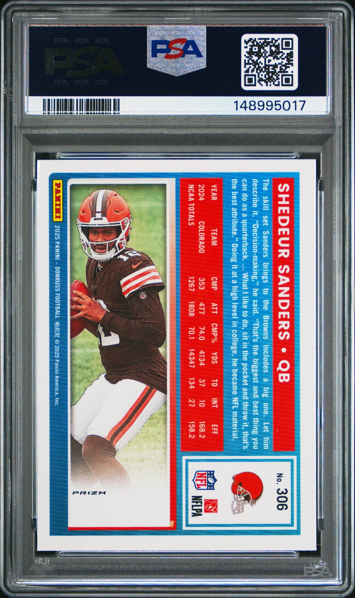 2025 Panini Donruss Shedeur Sanders #306 (Optic Preview-Red Pandora) Mint 9 back