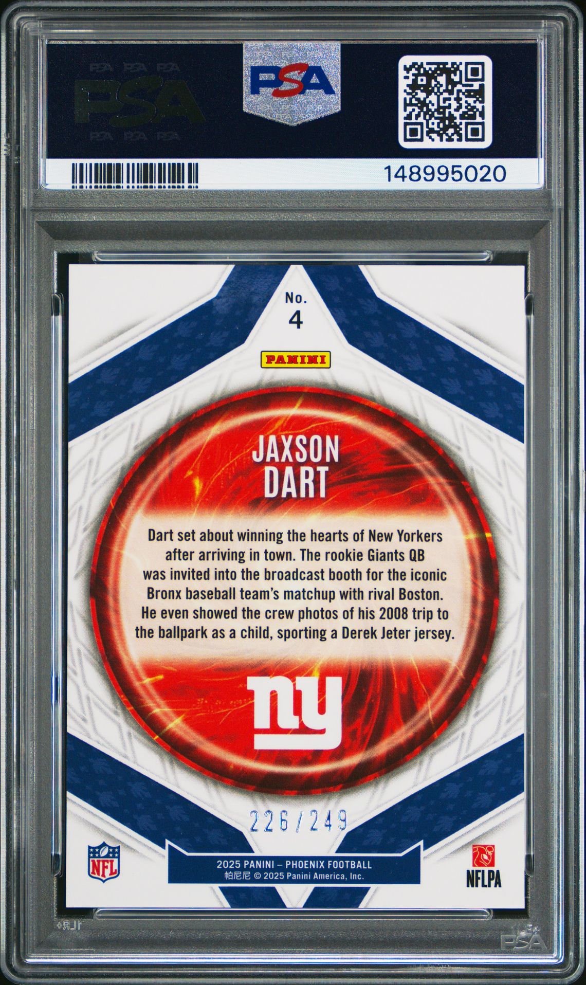 2025 Panini Phoenix Paragon Jaxson Dart #4 (Paragon-Red) Gem Mt 10 back view - PSA certificate #148995020