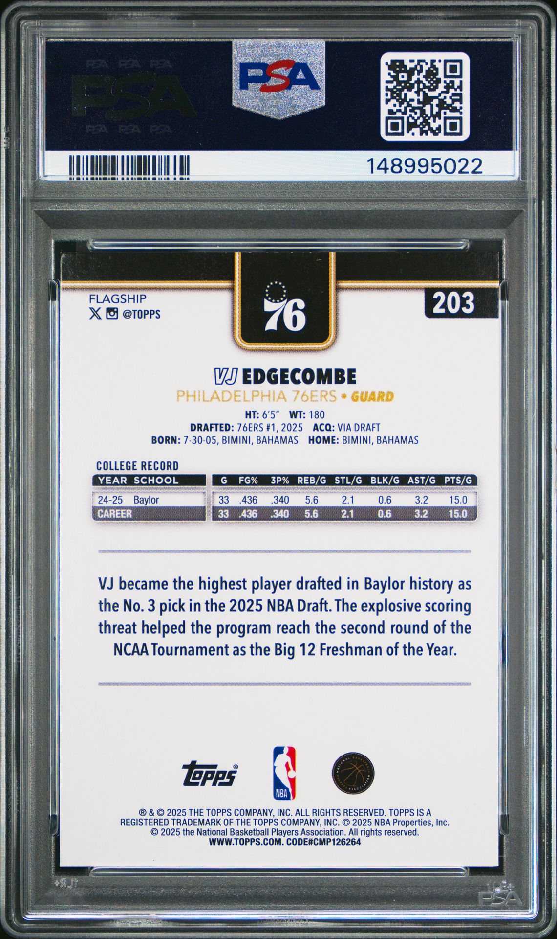 2025 Topps Vj Edgecombe #203 (Blackout) Mint 9 back