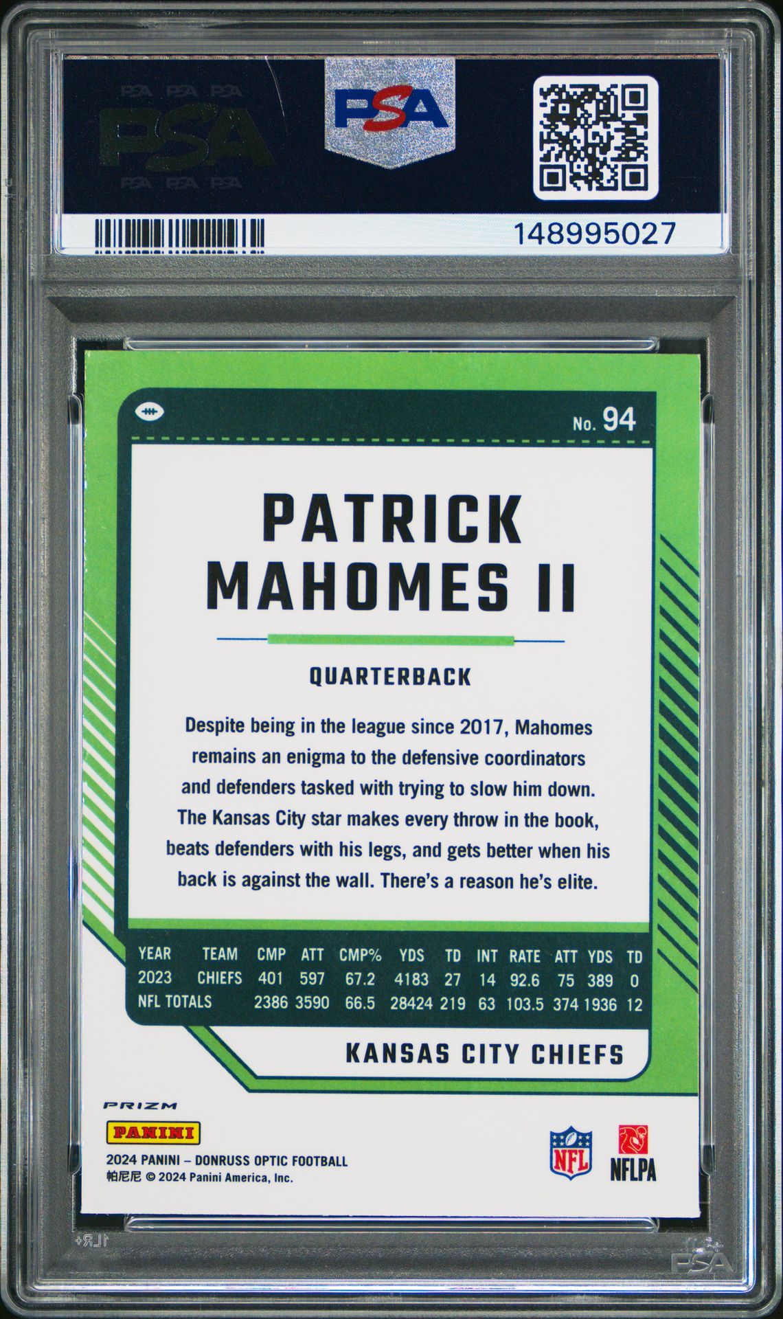 2024 Panini Donruss Optic Patrick Mahomes Ii #94 (Holo) Gem Mt 10 back view - PSA certificate #148995027