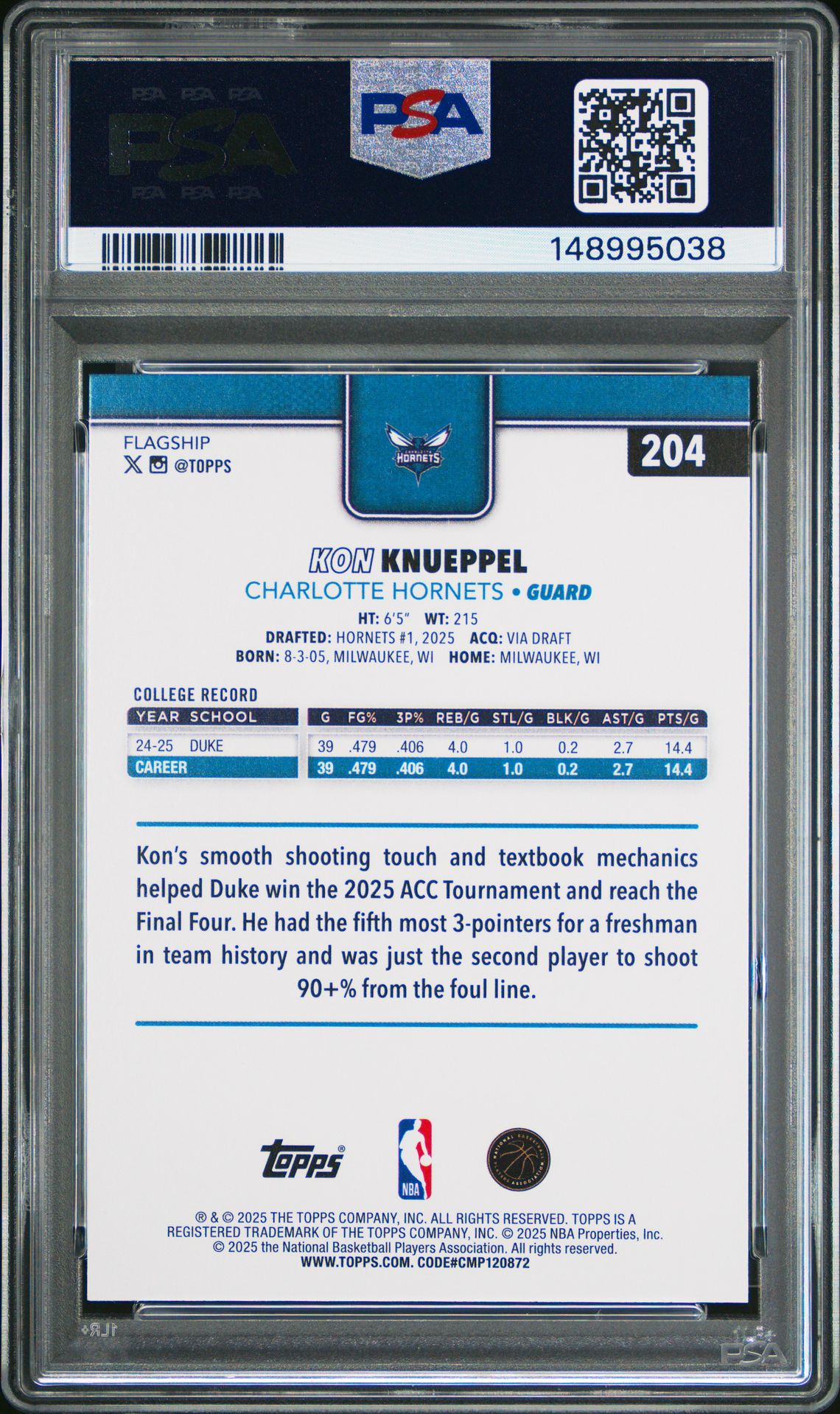 2025 Topps Kon Knueppel #204 Gem Mt 10 back