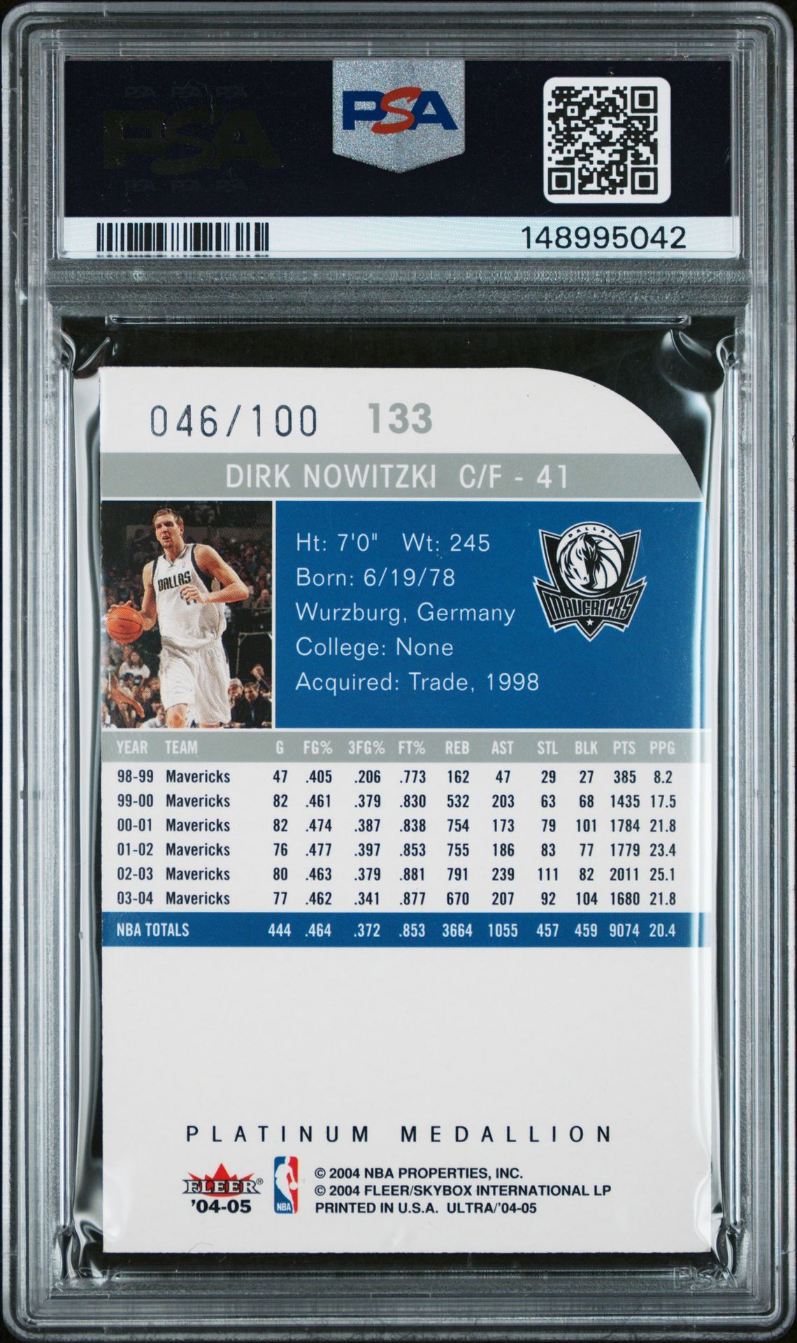 2004 Ultra Dirk Nowitzki #133 (Platinum Medallion) N0: Authentic back