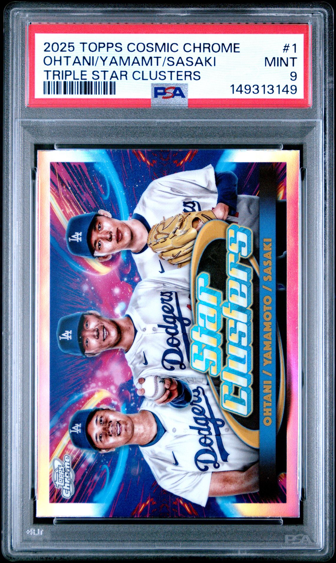 2025 Topps Cosmic Chrome Triple Star Clusters Ohtani/Yamamt/Sasaki #1 Mint 9 front