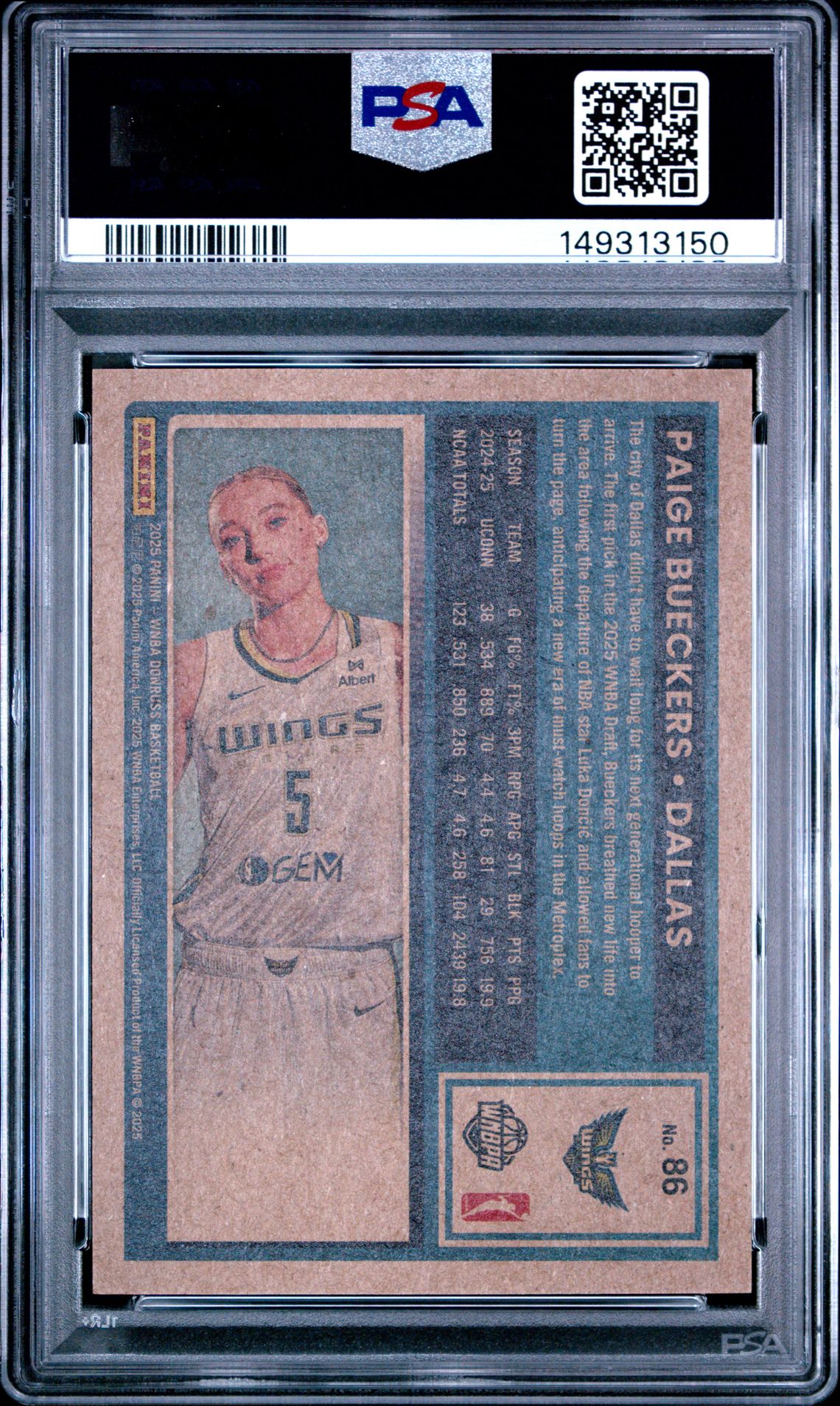 2025 Panini Donruss Wnba Paige Bueckers #86 (Artist Proof) Gem Mt 10 back view - PSA certificate #149313150