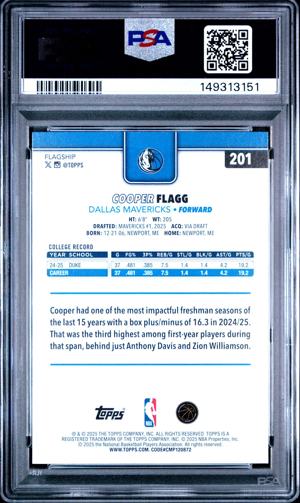 2025 Topps Cooper Flagg #201 Mint 9 back