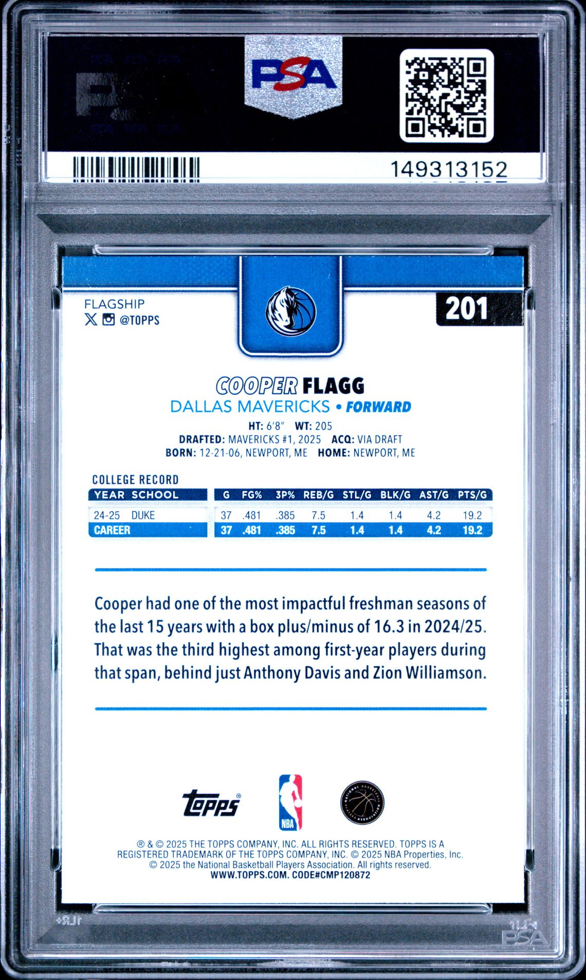 2025 Topps Cooper Flagg #201 Gem Mt 10 back view - PSA certificate #149313152