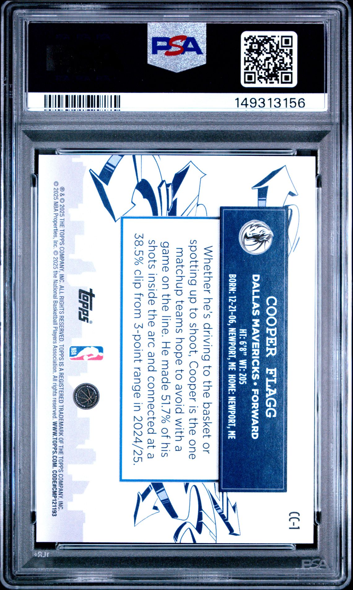 2025 Topps Clutch City Prospects Cooper Flagg #Cc-1 Gem Mt 10 back view - PSA certificate #149313156