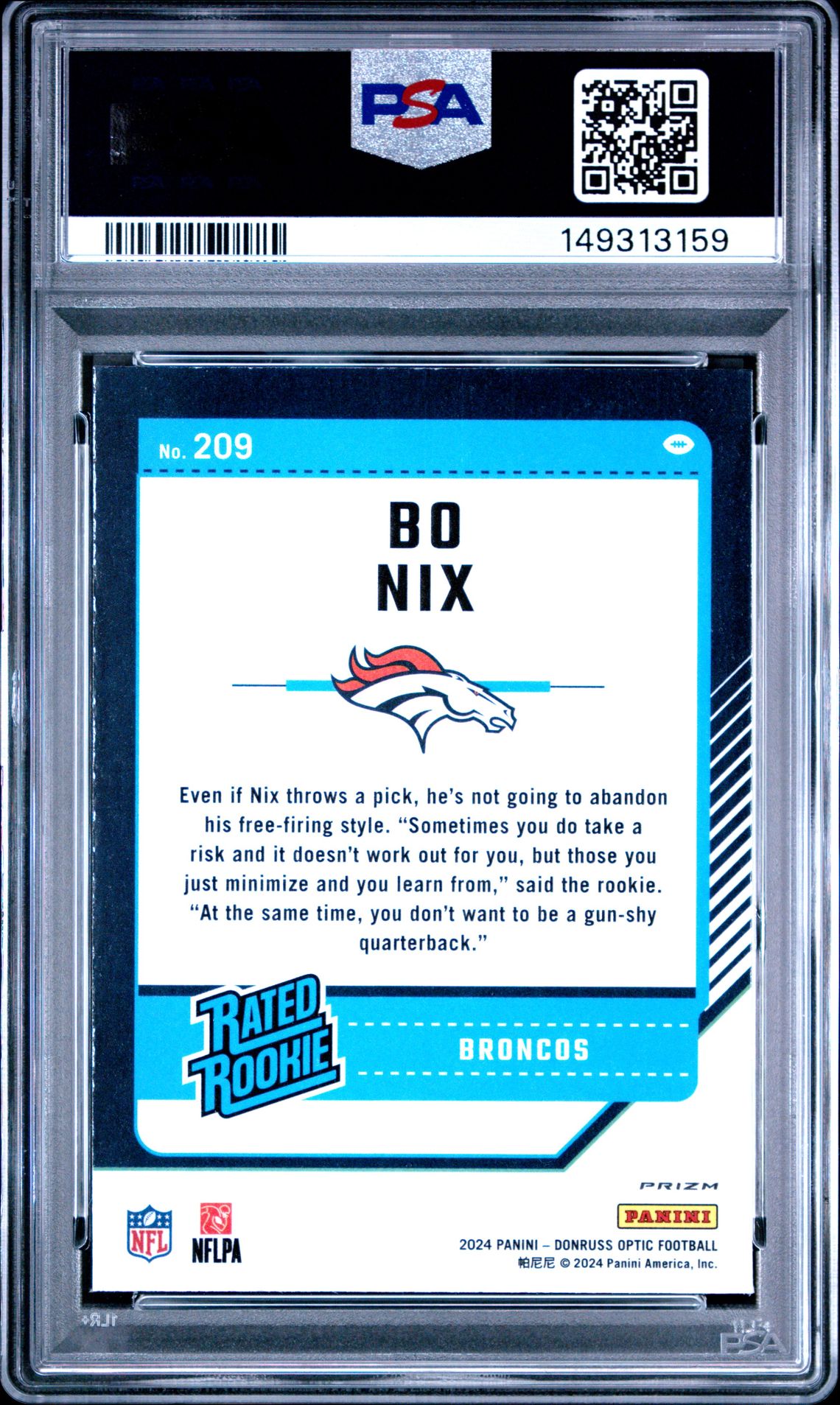 2024 Panini Donruss Optic Bo Nix #209 (Blue Hyper) Mint 9 back