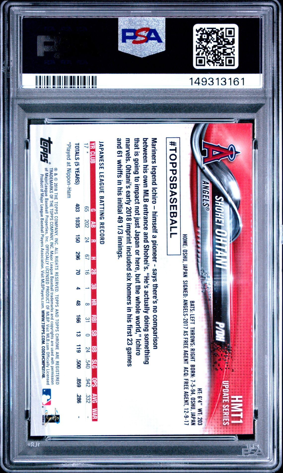2018 Topps Chrome Update Shohei Ohtani #Hmt1 (Update) Nm-Mt 8 back