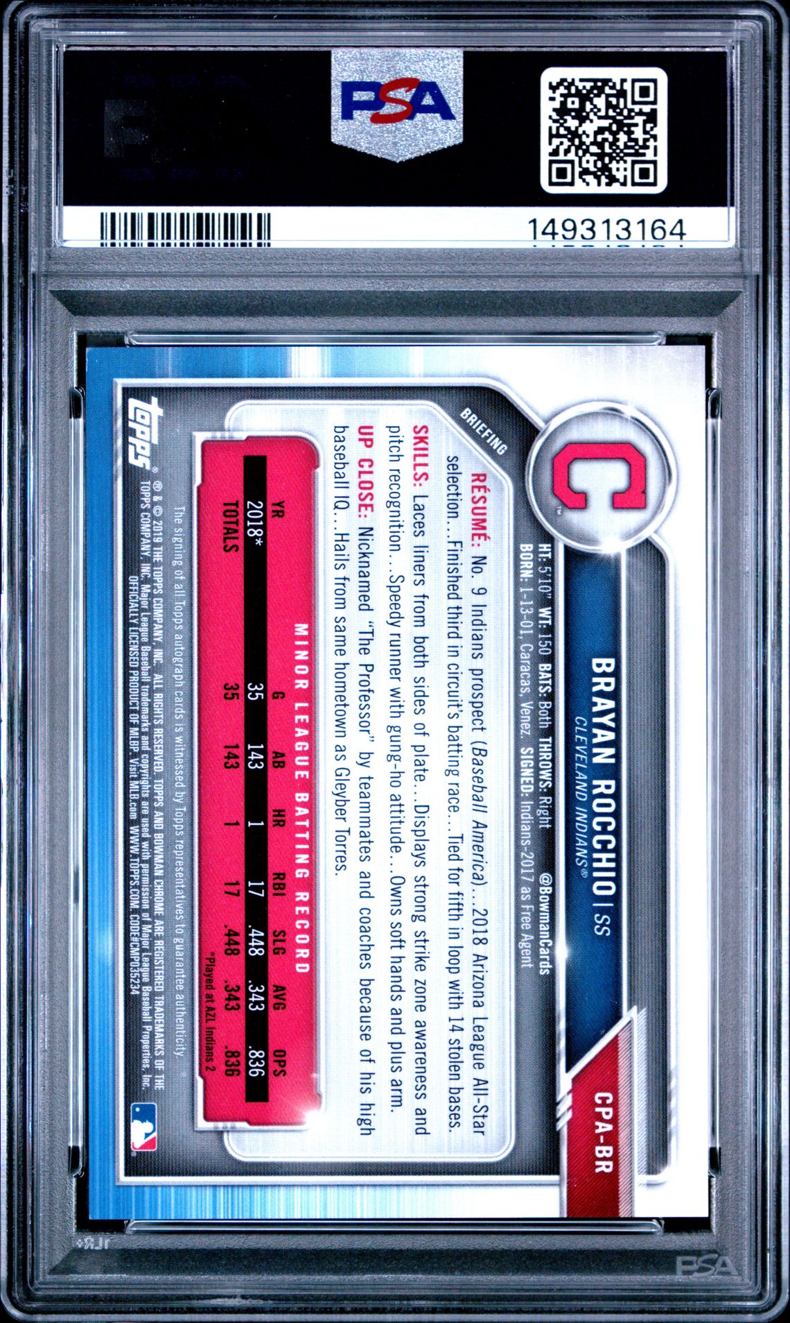 2019 Bowman Chrome Prospects Autographs Brayan Rocchio #Cpabr (Pros.auto-Orange Wv.ref.) Mint 9 back