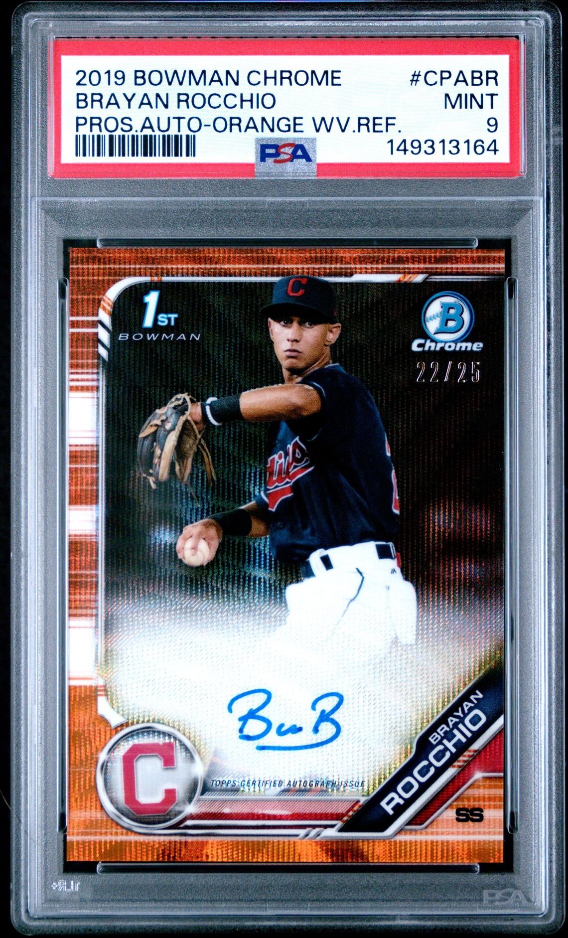 2019 Bowman Chrome Prospects Autographs Brayan Rocchio #Cpabr (Pros.auto-Orange Wv.ref.) Mint 9 front