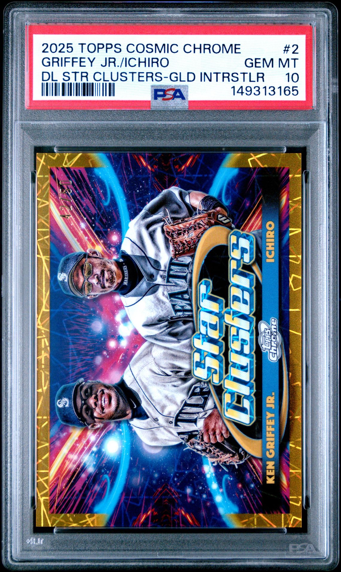 2025 Topps Cosmic Chrome Dual Star Clusters Griffey Jr./Ichiro #2 (Dl Str Clusters-Gld Intrstlr) Gem Mt 10 front view - PSA graded GEM MT 10