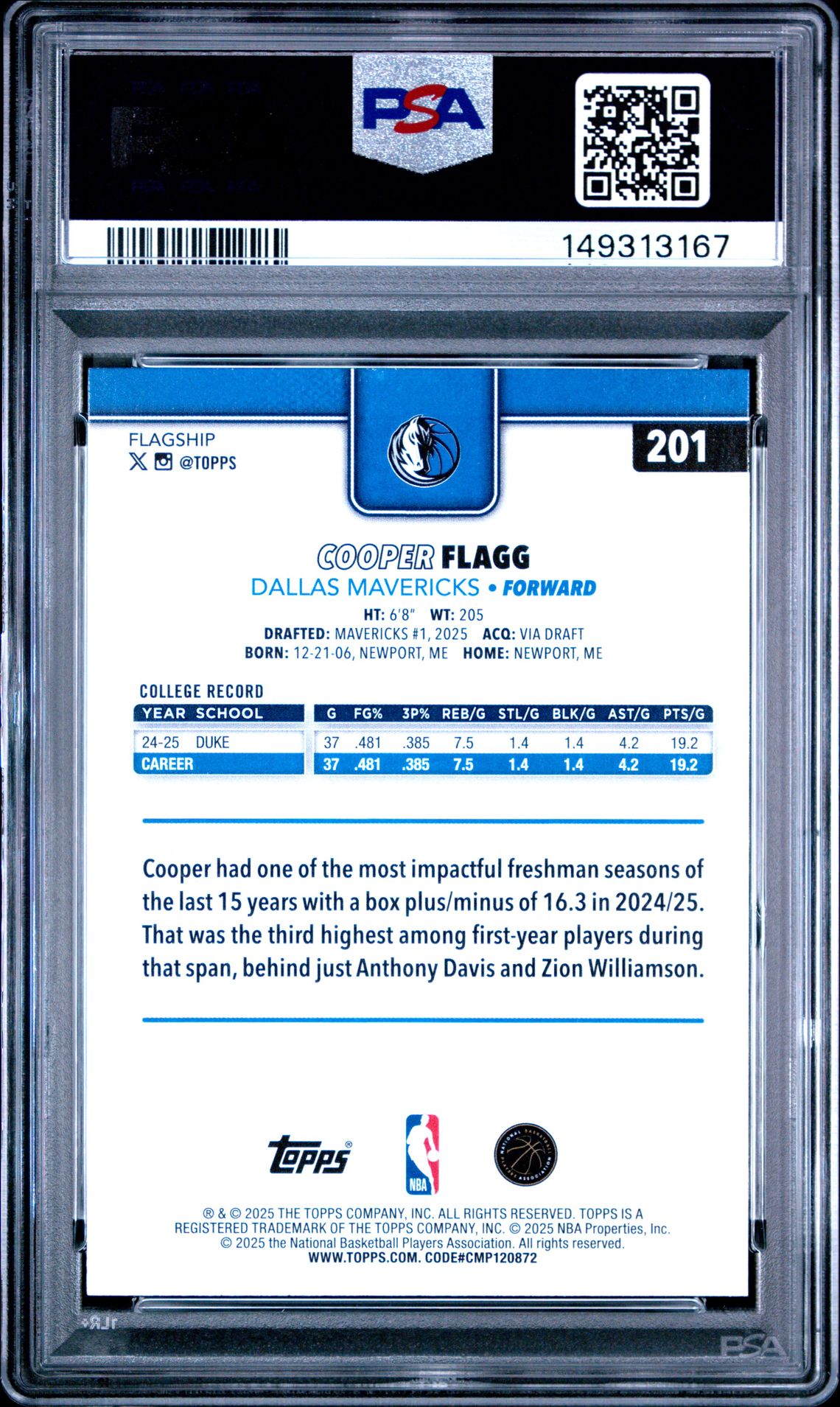 2025 Topps Cooper Flagg #201 Gem Mt 10 back view - PSA certificate #149313167