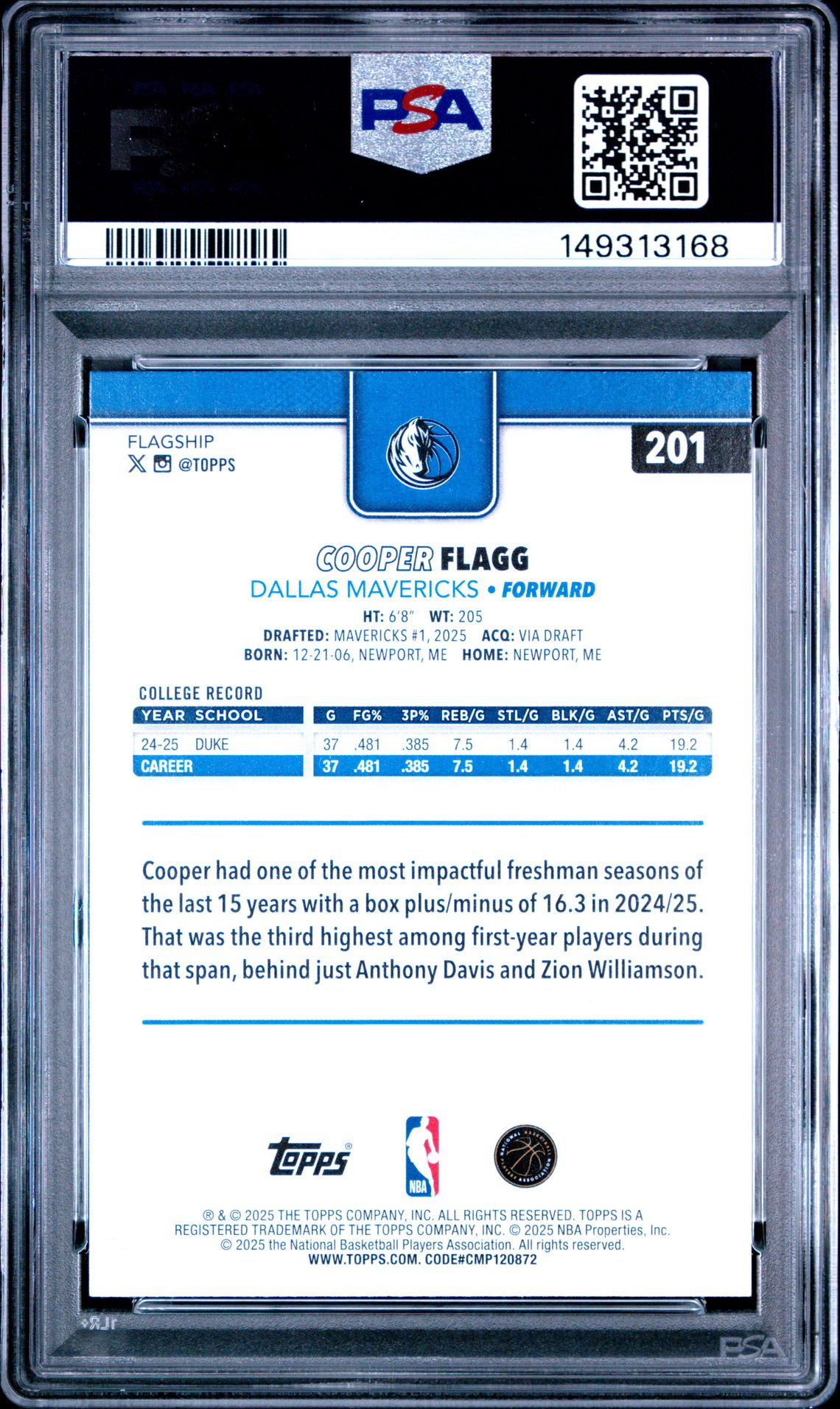2025 Topps Cooper Flagg #201 Mint 9 back