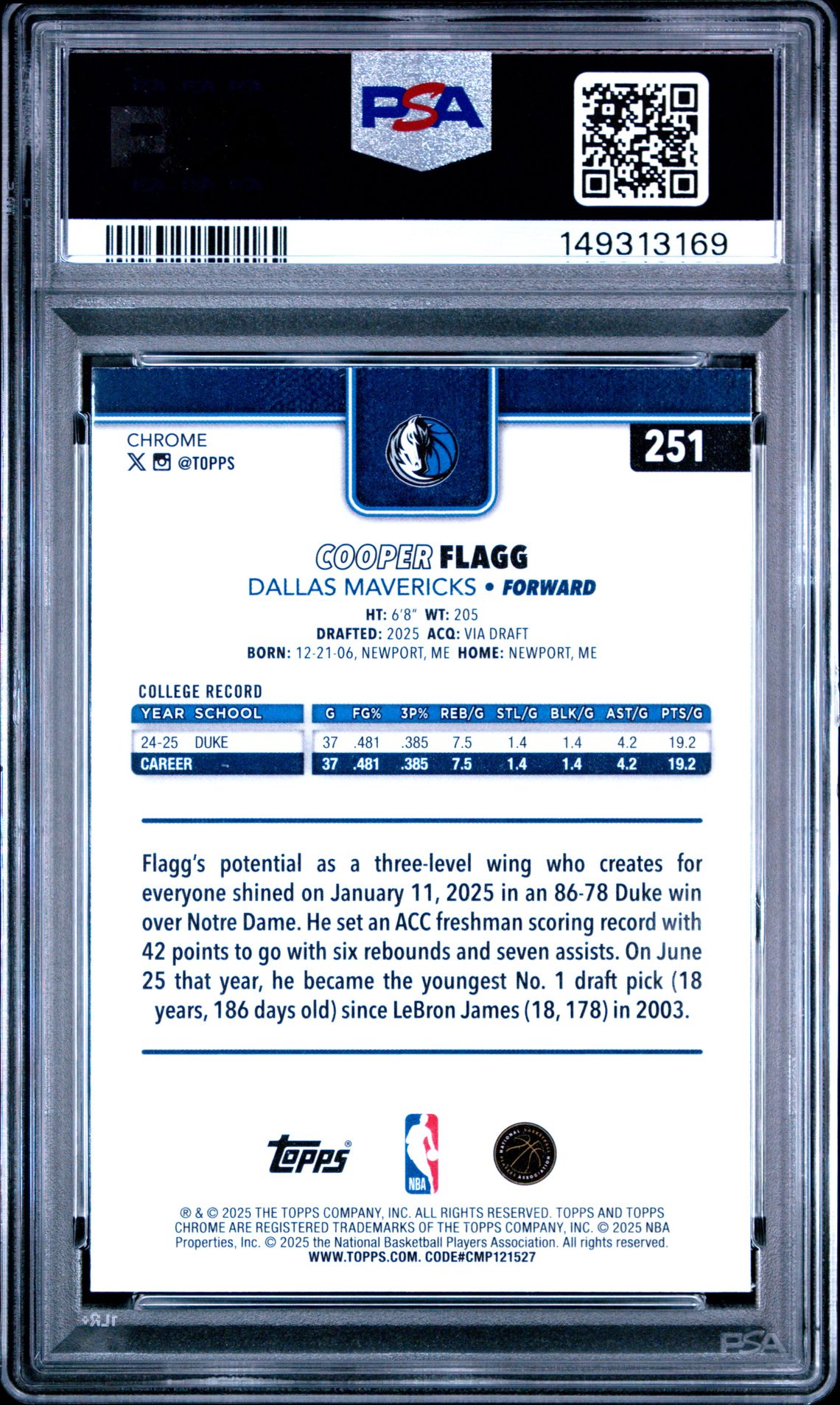 2025 Topps Chrome Cooper Flagg #251 Gem Mt 10 back view - PSA certificate #149313169