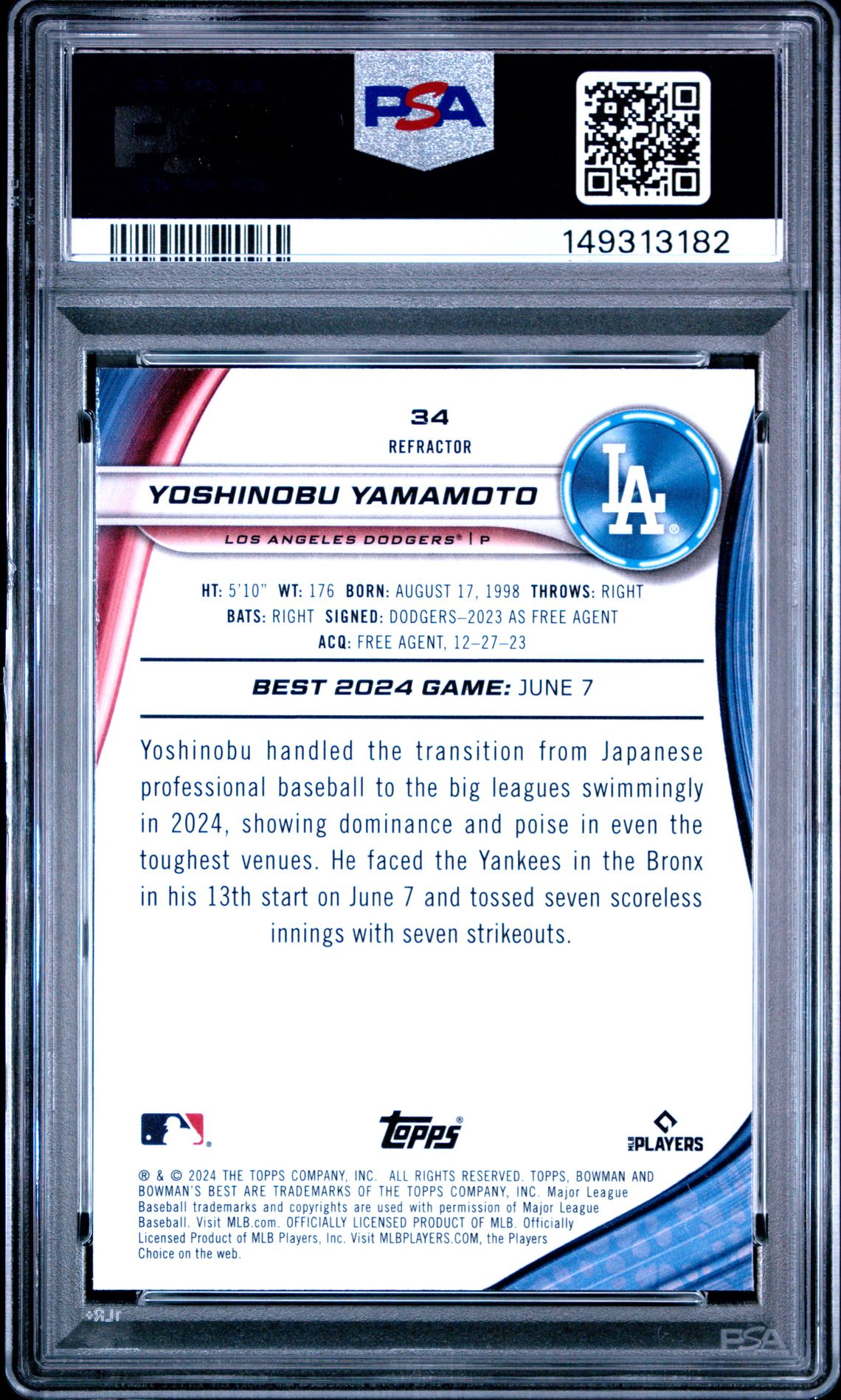 2024 Bowman's Best Yoshinobu Yamamoto #34 (Refractor) Gem Mt 10 back view - PSA certificate #149313182