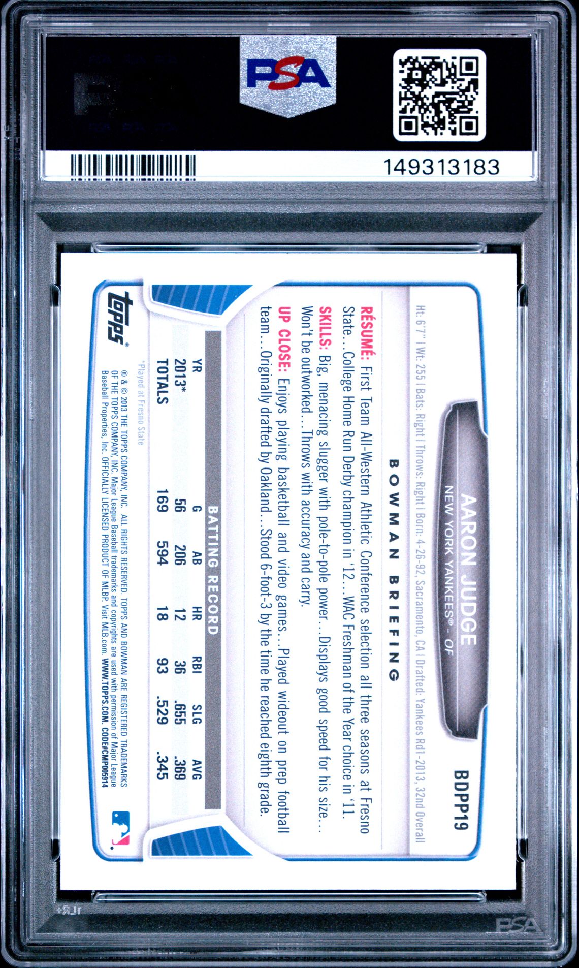 2013 Bowman Draft Picks & Prospects Aaron Judge #Bdpp19 Gem Mt 10 back view - PSA certificate #149313183