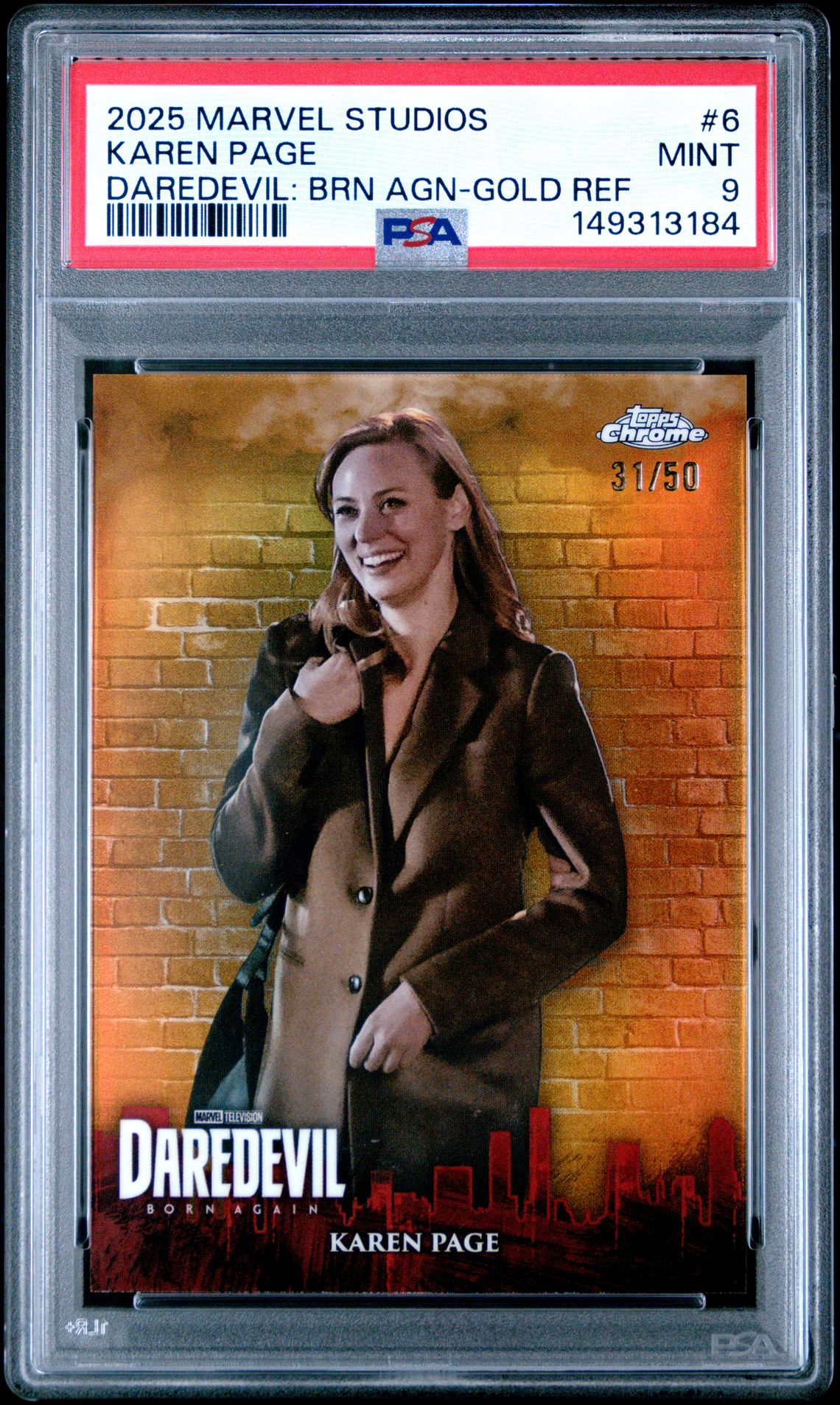 2025 Topps Marvel Studios Chrome Daredevil: Born Again Karen Page #6 (Daredevil: Brn Agn-Gold Ref) Mint 9 front
