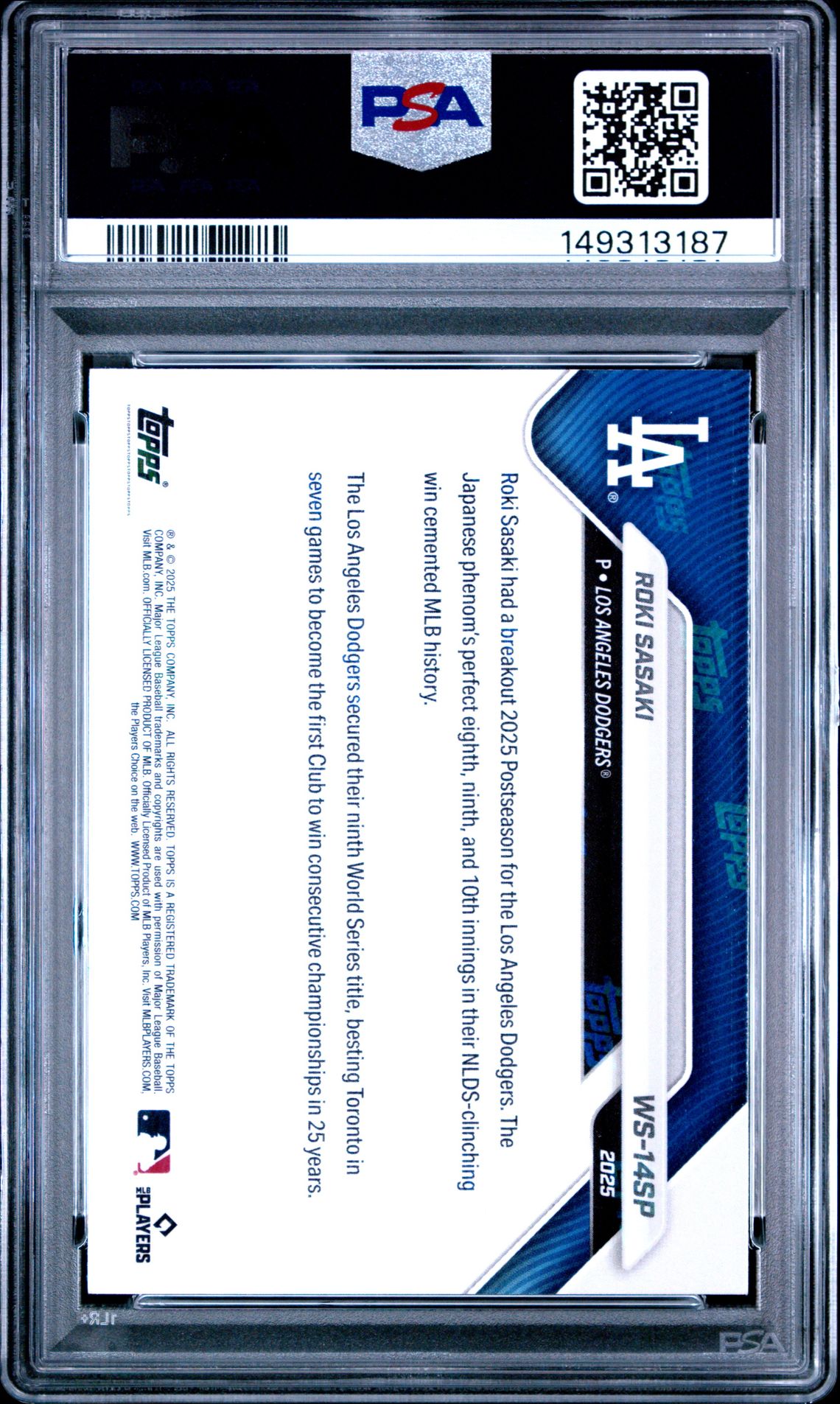 2025 Topps Now Los Angeles Dodgers World Series Champions Roki Sasaki #14Sp Gem Mt 10 back view - PSA certificate #149313187