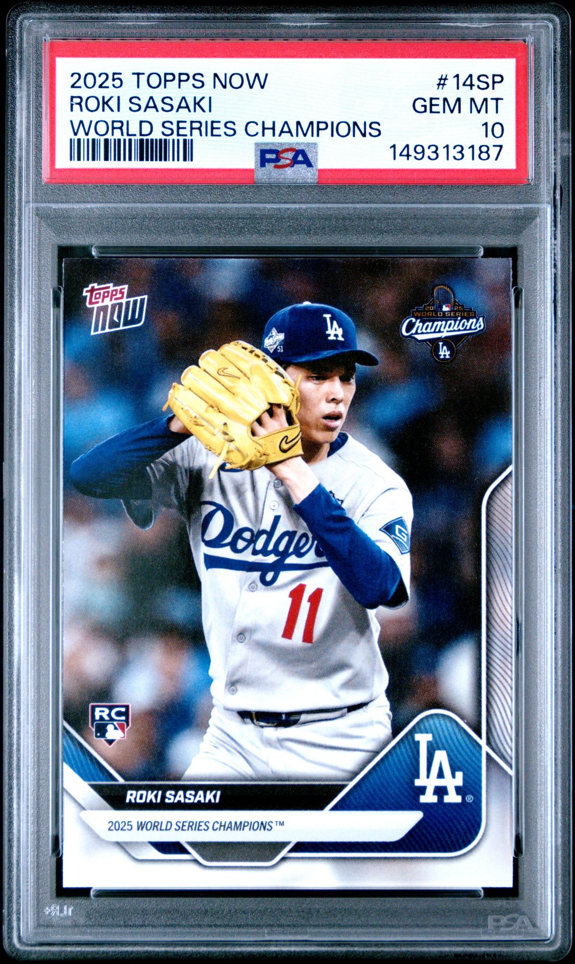 2025 Topps Now Los Angeles Dodgers World Series Champions Roki Sasaki #14Sp Gem Mt 10 front view - PSA graded GEM MT 10