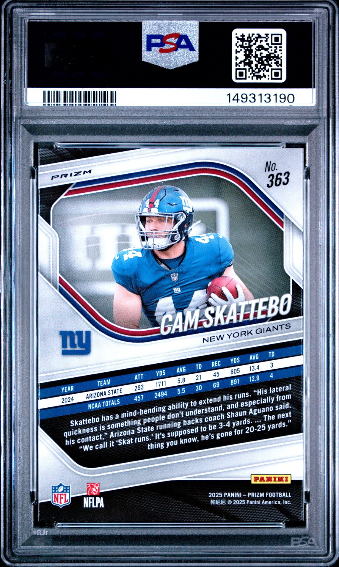 2025 Panini Prizm Cam Skattebo #363 (Lazer Prizm) Gem Mt 10 back view - PSA certificate #149313190