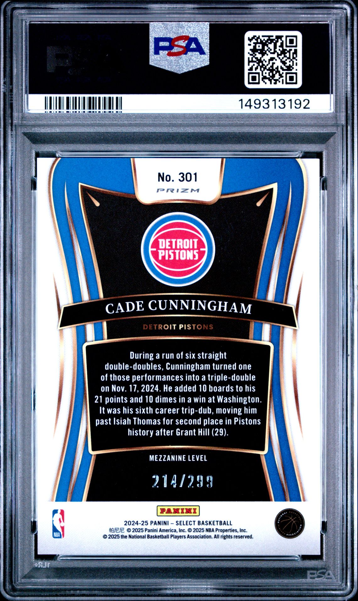 2024 Panini Select Cade Cunningham #301 (Red Flash) Gem Mt 10 back view - PSA certificate #149313192