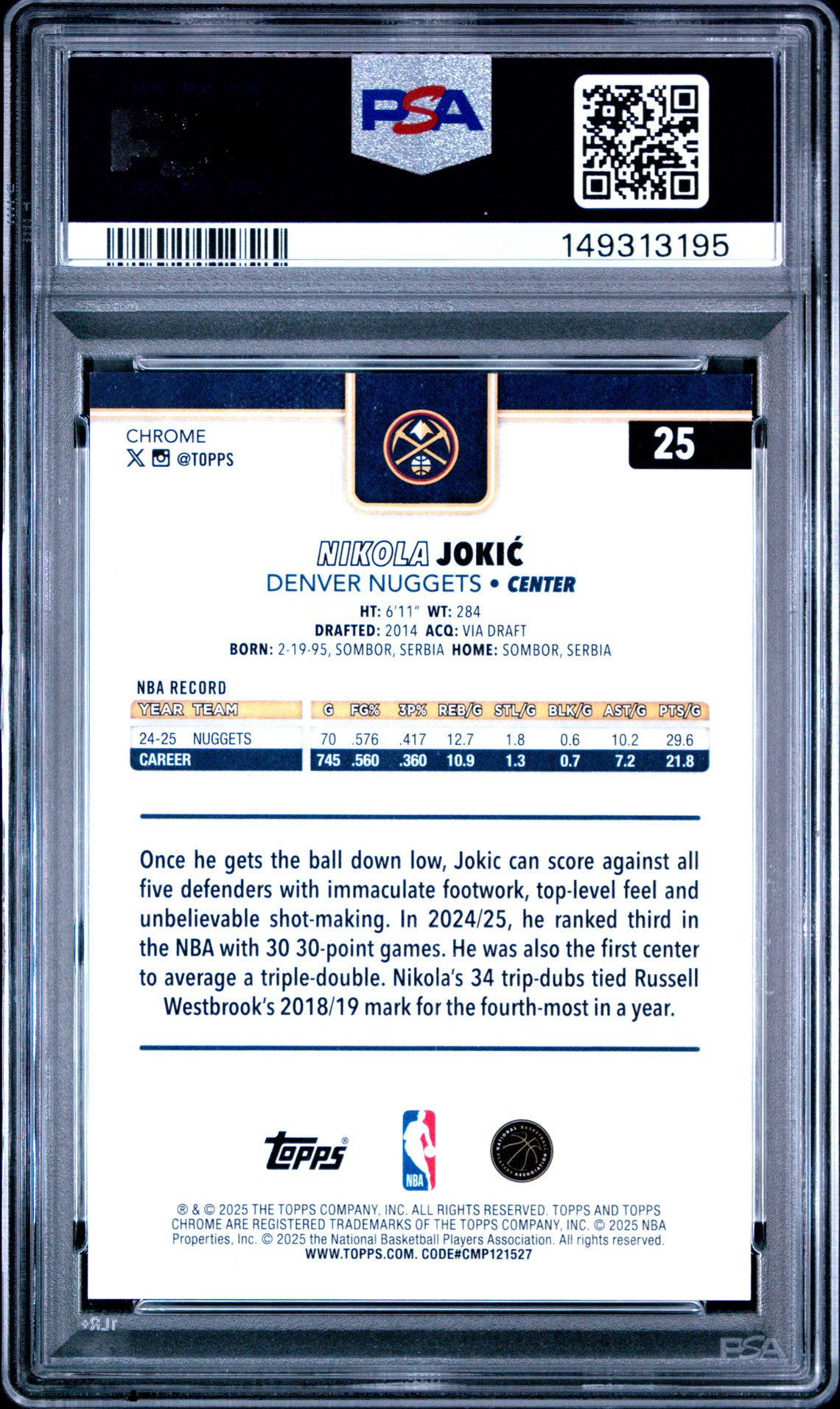 2025 Topps Chrome Nikola Jokic #25 (Gold Geometric) Mint 9 back