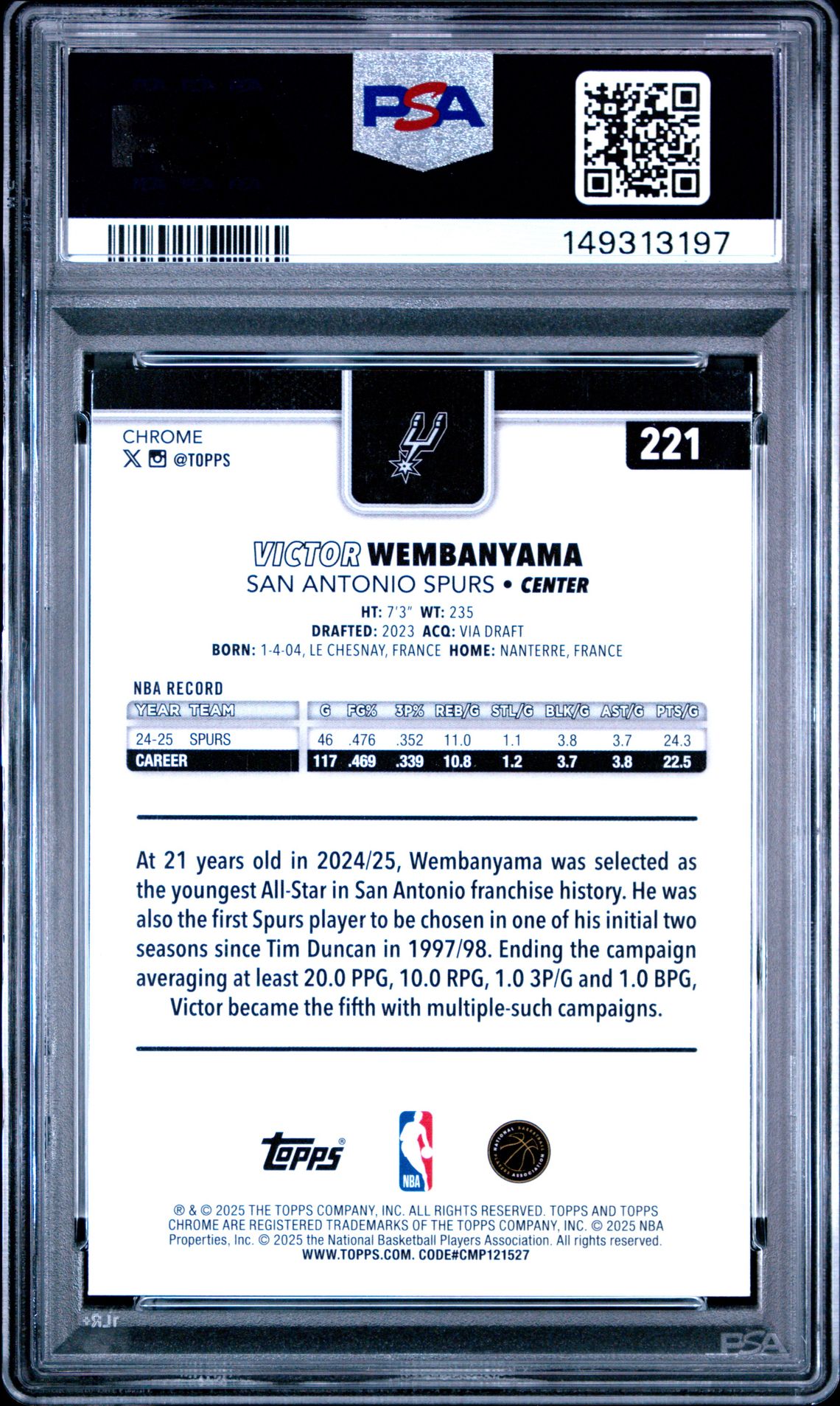 2025 Topps Chrome Victor Wembanyama #221 (Blue Refractor) Mint 9 back