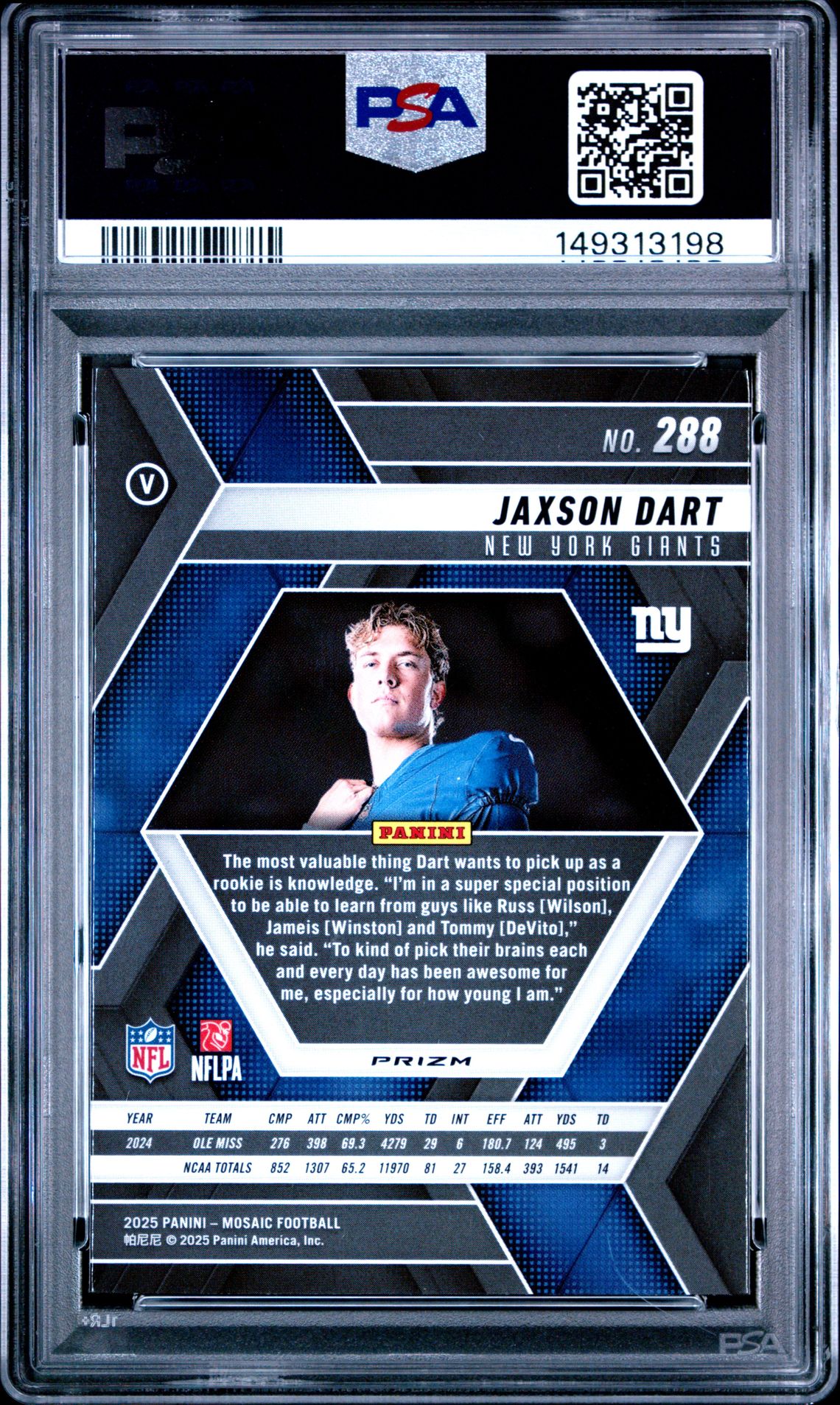 2025 Panini Mosaic Jaxson Dart #288 (Reactive Yellow) Gem Mt 10 back view - PSA certificate #149313198