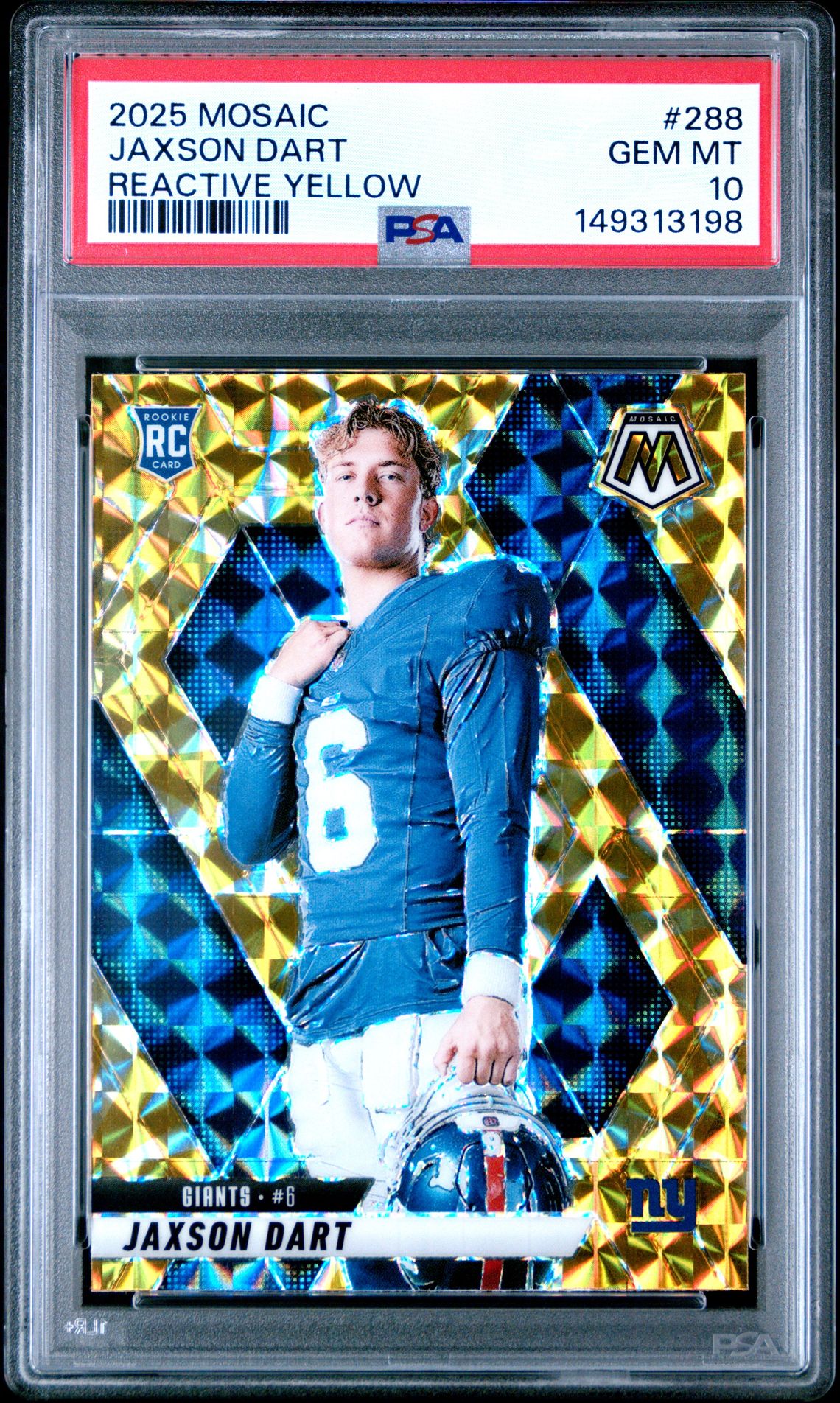 2025 Panini Mosaic Jaxson Dart #288 (Reactive Yellow) Gem Mt 10 front view - PSA graded GEM MT 10