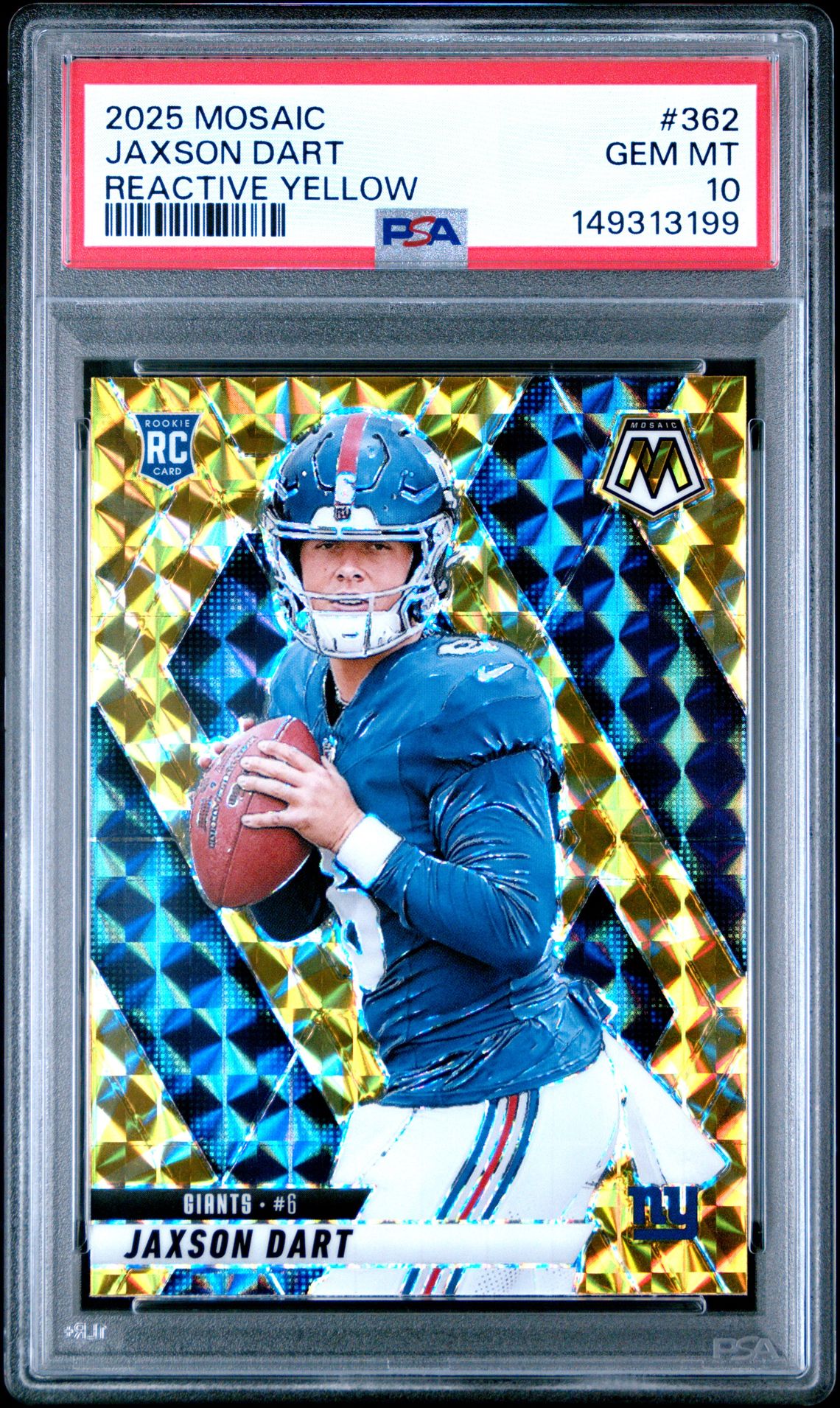 2025 Panini Mosaic Jaxson Dart #362 (Reactive Yellow) Gem Mt 10 front view - PSA graded GEM MT 10