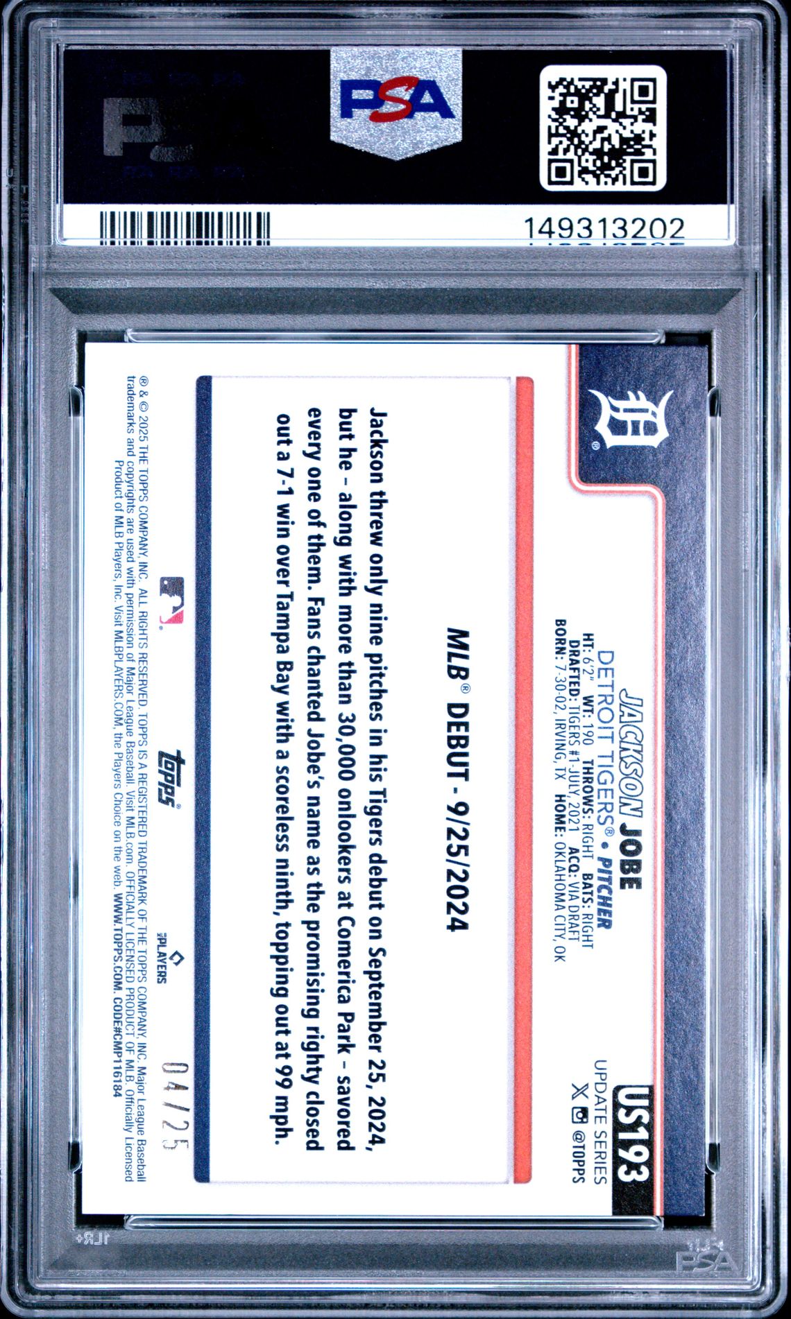2025 Topps Update Jackson Jobe #193 (Orange Rainbow Foil) Nm-Mt 8 back