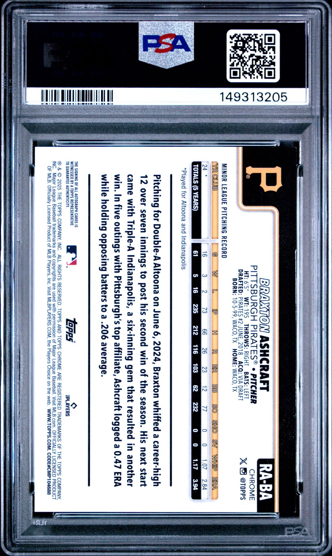 2025 Topps Chrome Update Rookie Autographs Braxton Ashcraft #Ba (Rookie Auto-Grn/Yl Lava Lamp) Mint 9 back