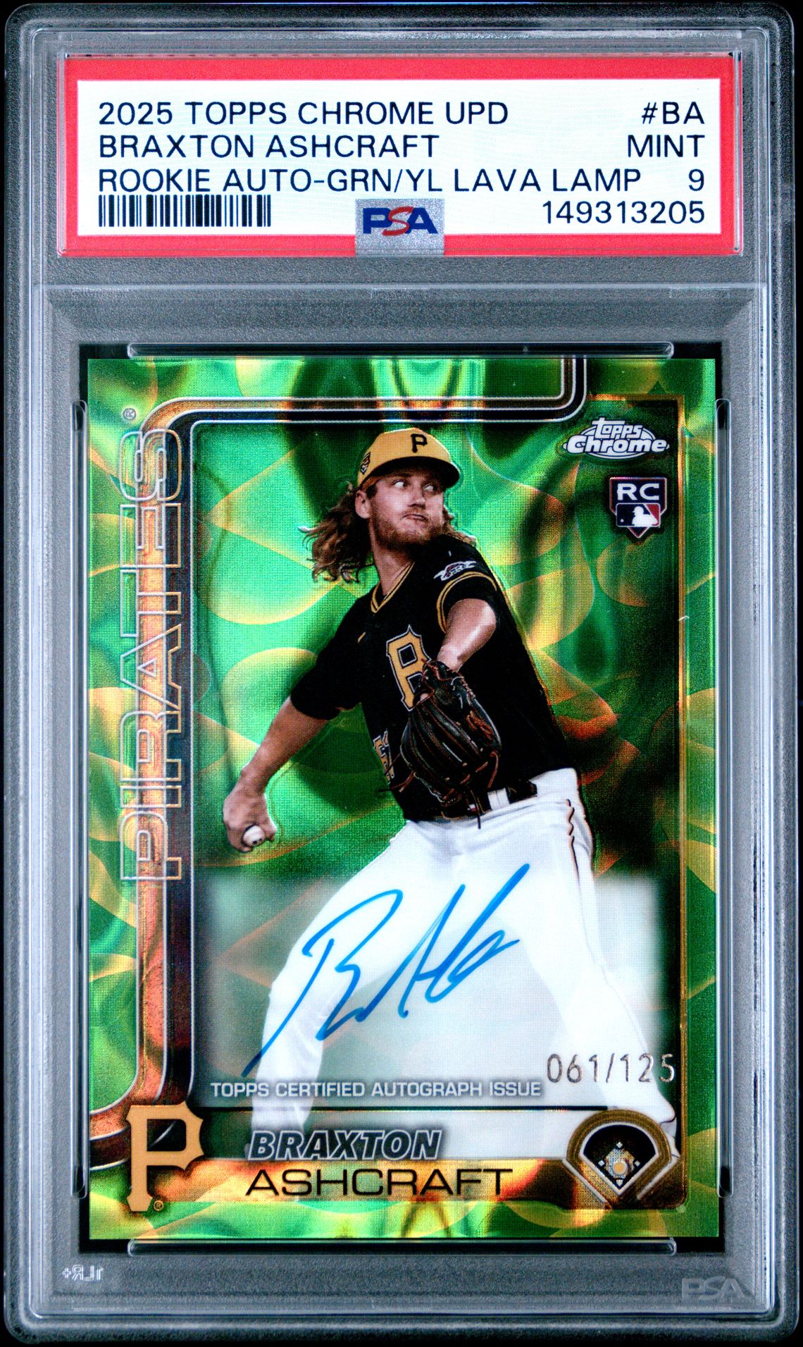 2025 Topps Chrome Update Rookie Autographs Braxton Ashcraft #Ba (Rookie Auto-Grn/Yl Lava Lamp) Mint 9 front